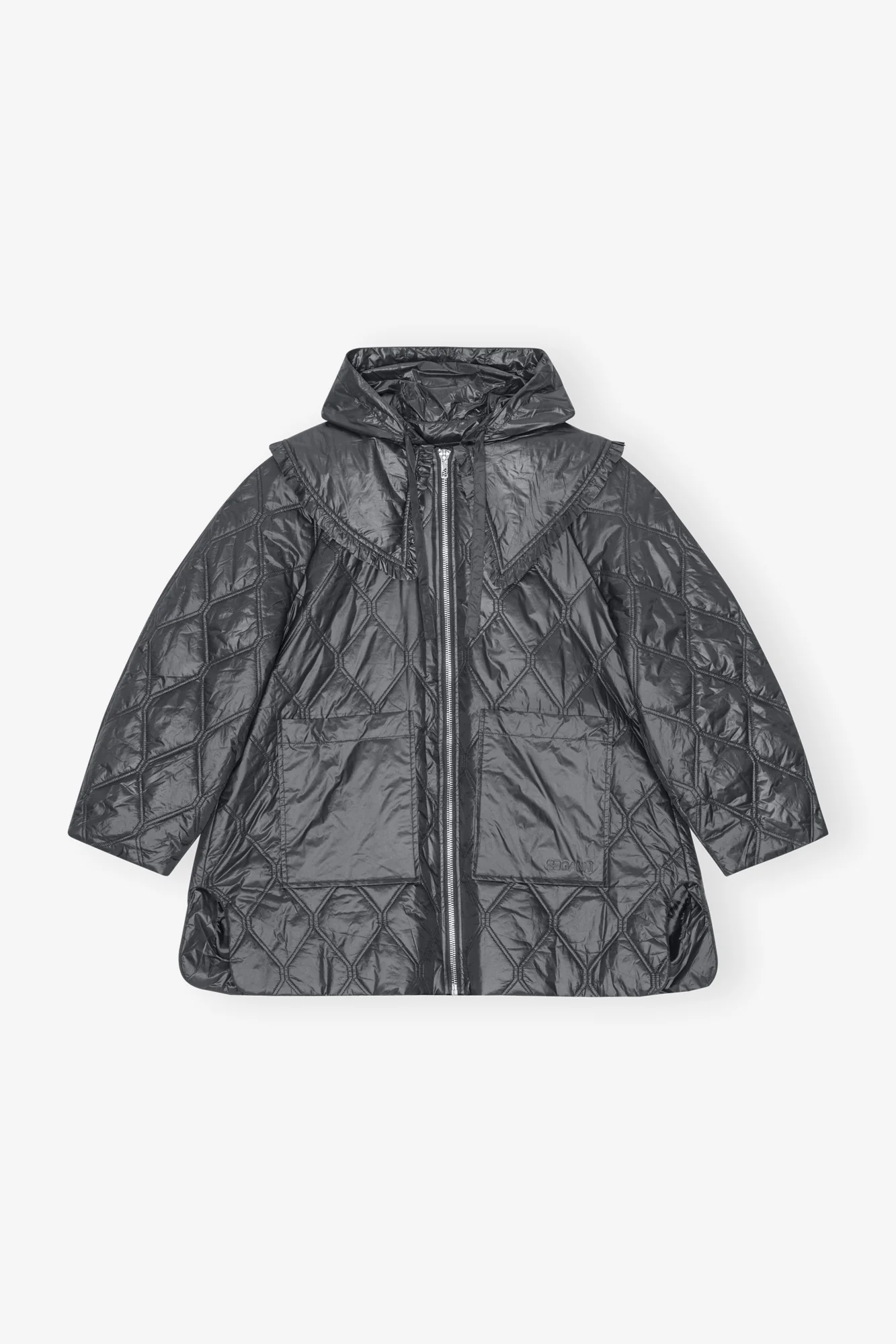 Shiny Quilt Midi Jacket | Black Sand