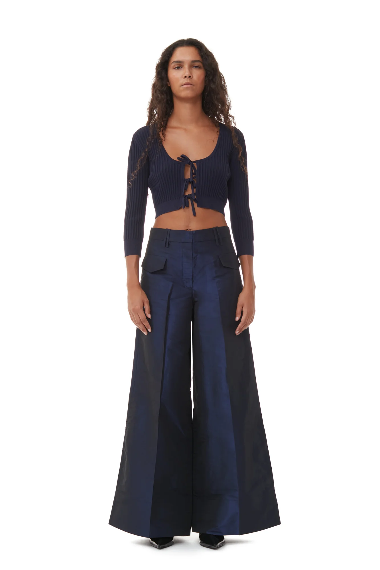 Shiny Taffeta Wide High-Waisted Trousers | Sodalite Blue - Image 3
