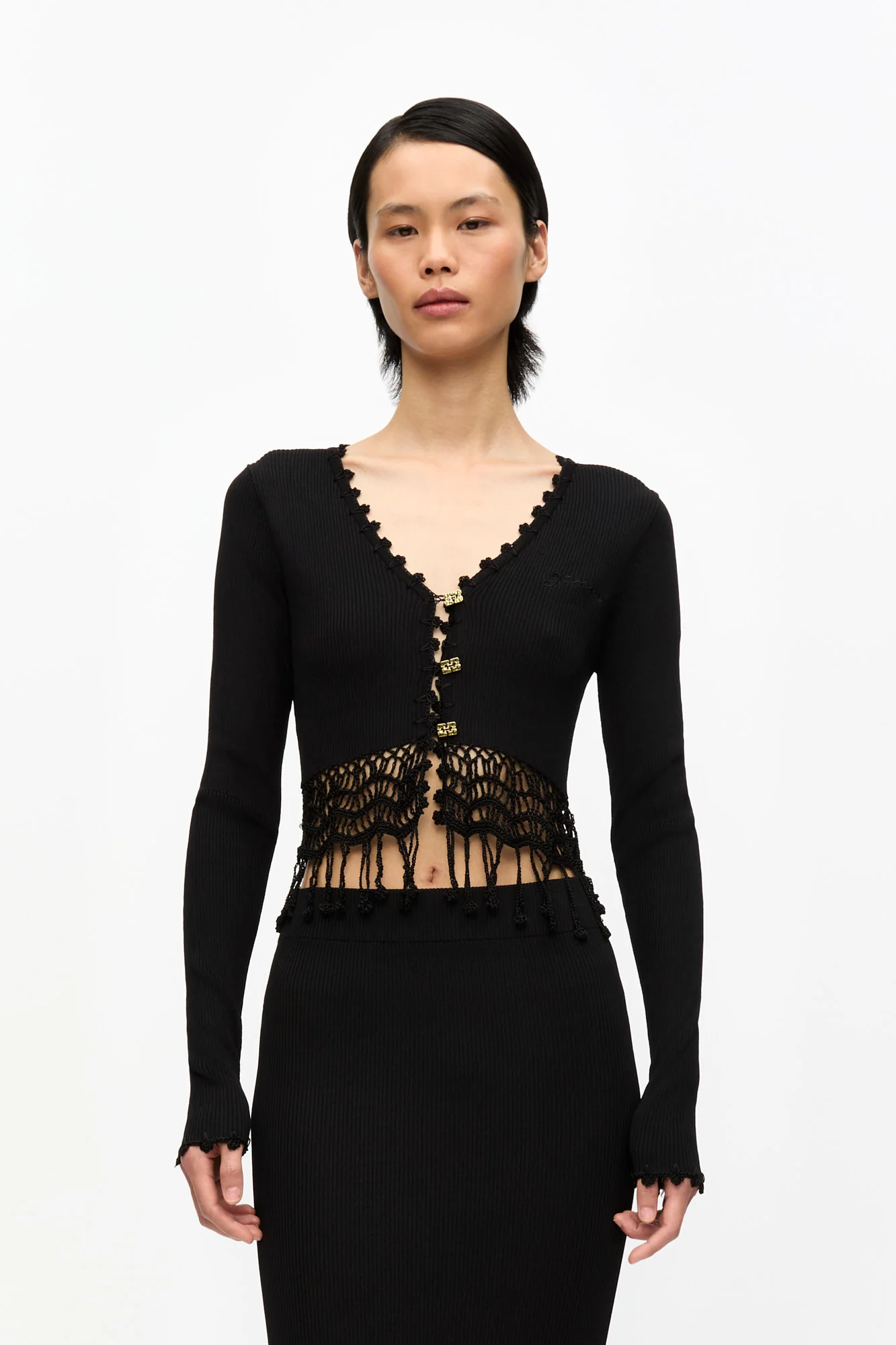Shiny Viscose Crochet Cardigan | Black - Image 3