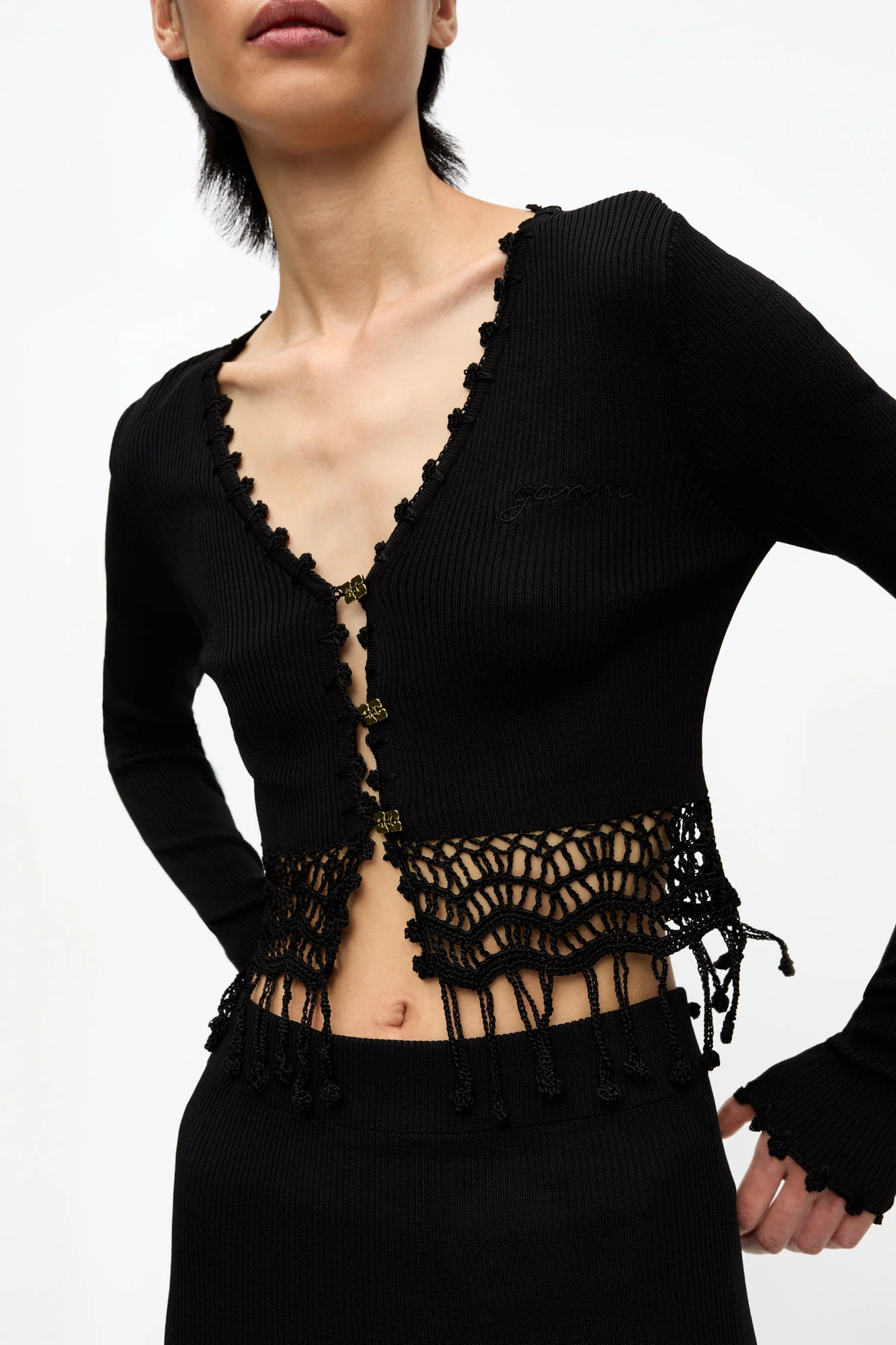 Shiny Viscose Crochet Cardigan | Black - Image 6