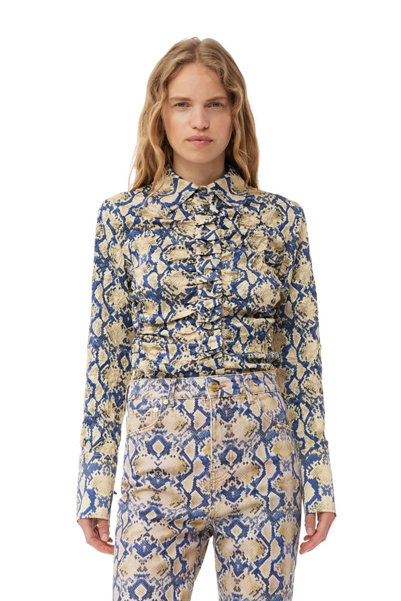 Snake Printed Crinkled Satin Fitted Shirt | Safari - Image 3