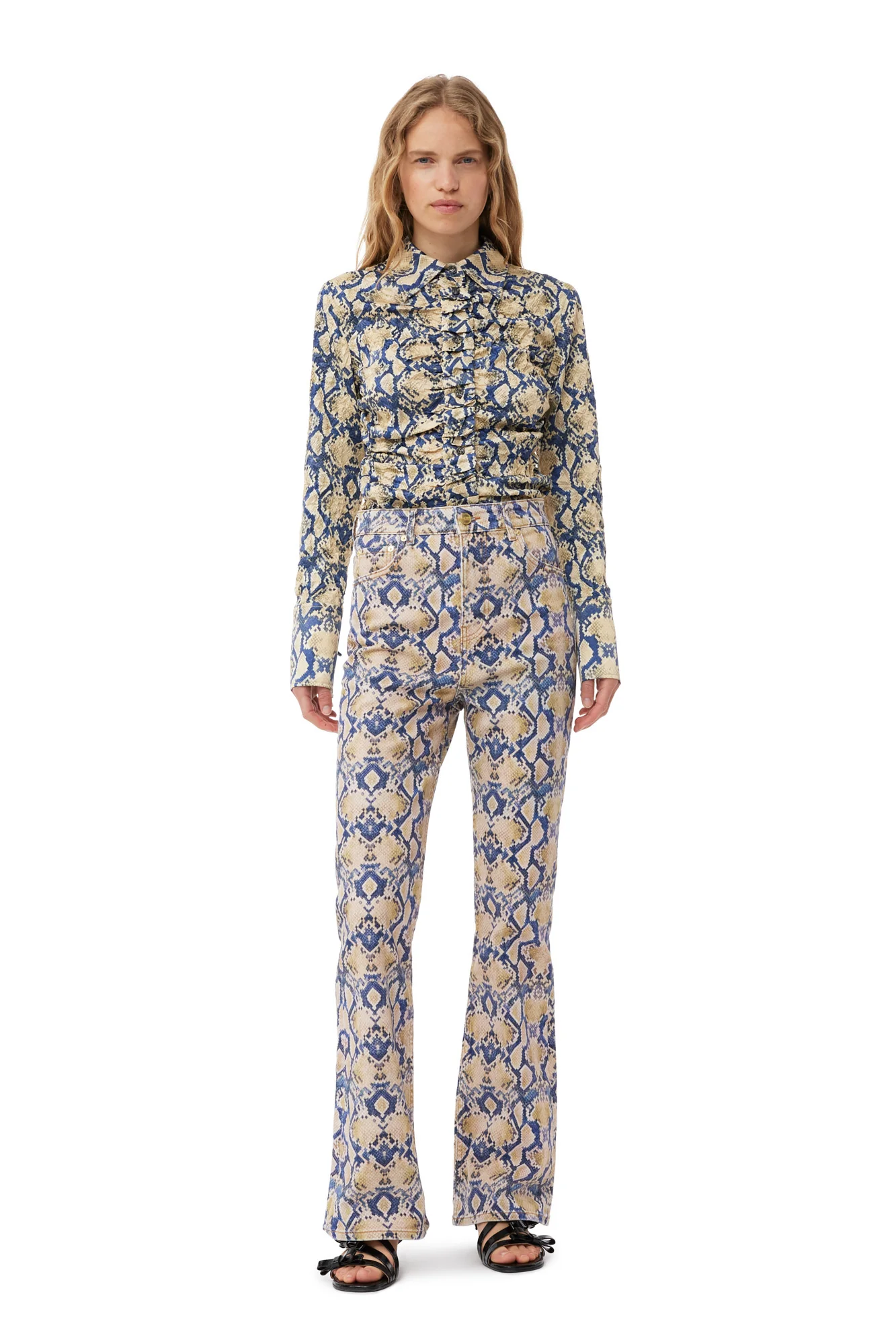 Snake Printed Crinkled Satin Fitted Shirt | Safari - Image 4