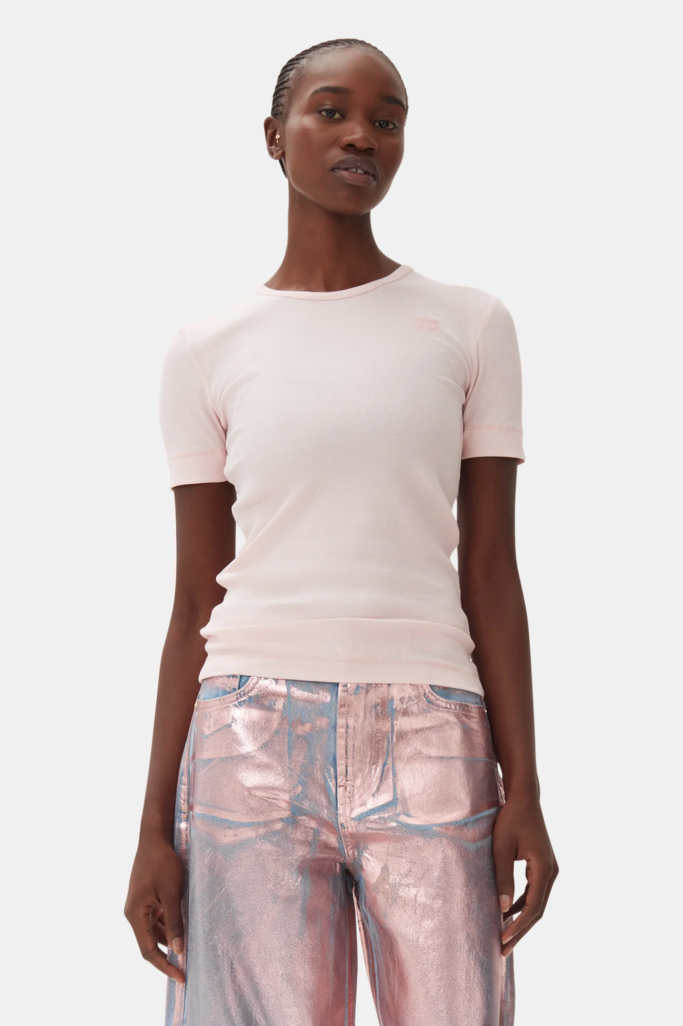 Soft Cotton Rib Short Sleeve T-Shirt | Chalk Pink - Image 2