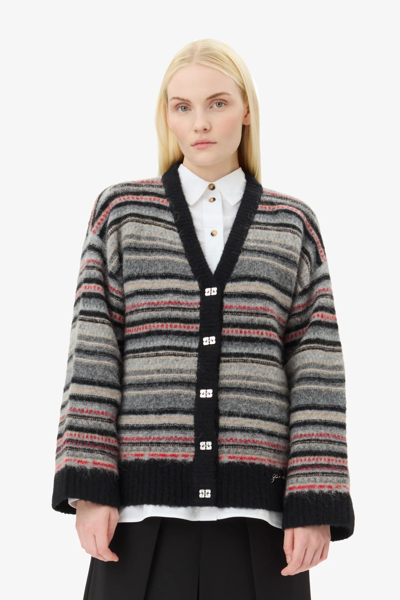 Soft Wool Stripe Boxy Cardigan | Phantom - Image 3