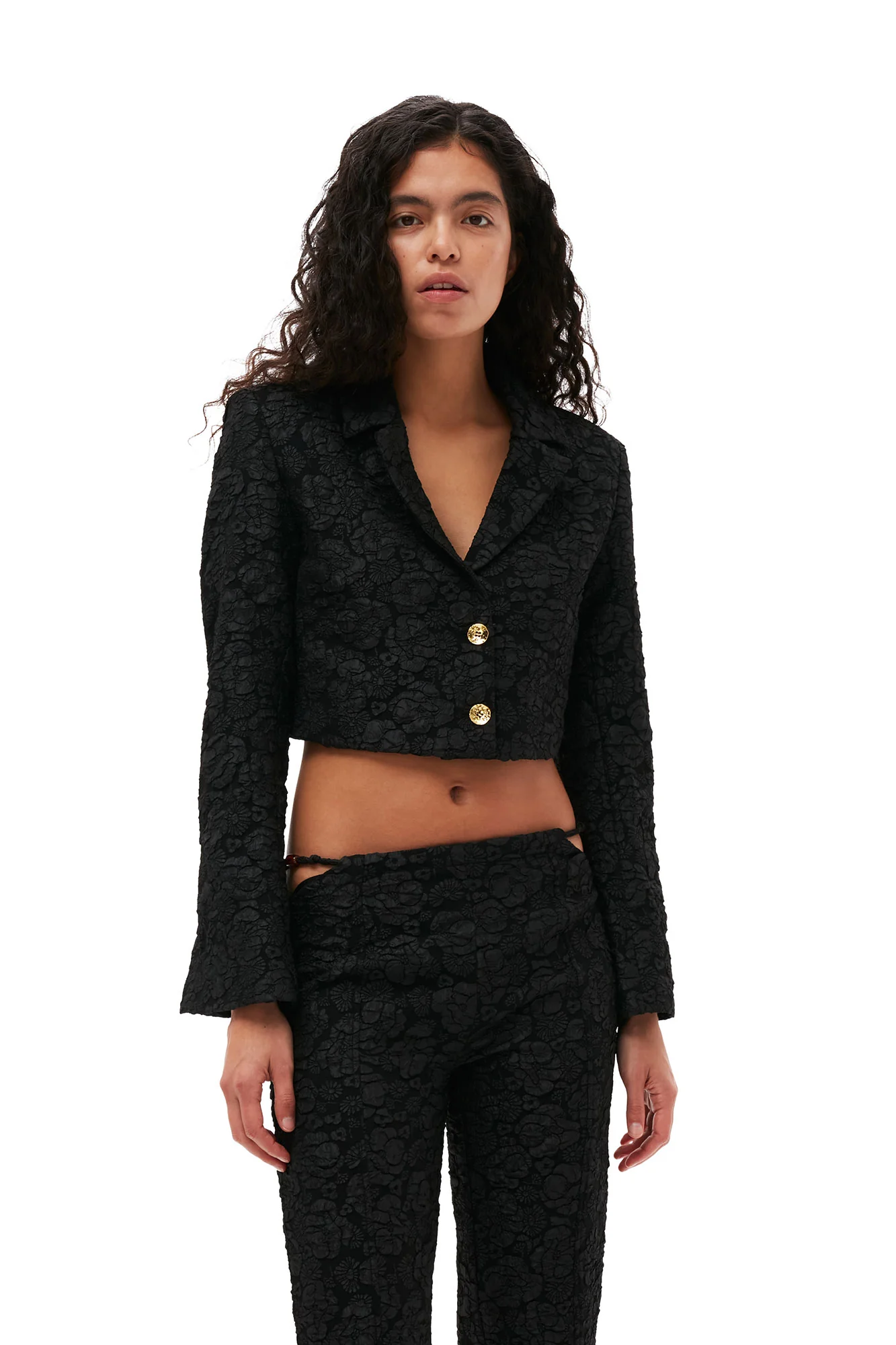 Stretch Jacquard Cropped Blazer | Black - Image 7