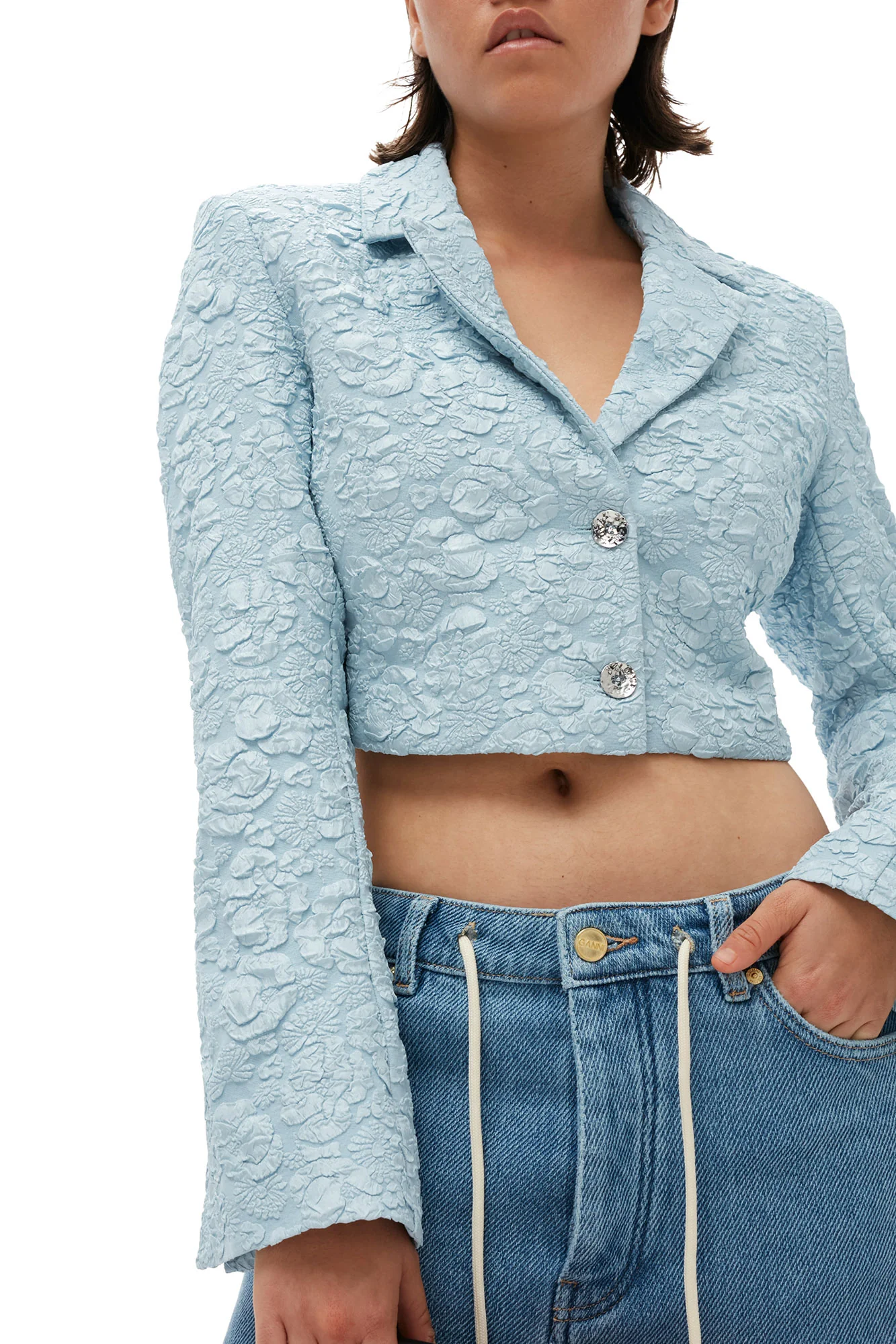 Stretch Jacquard Cropped Blazer | Sky Blue - Image 10