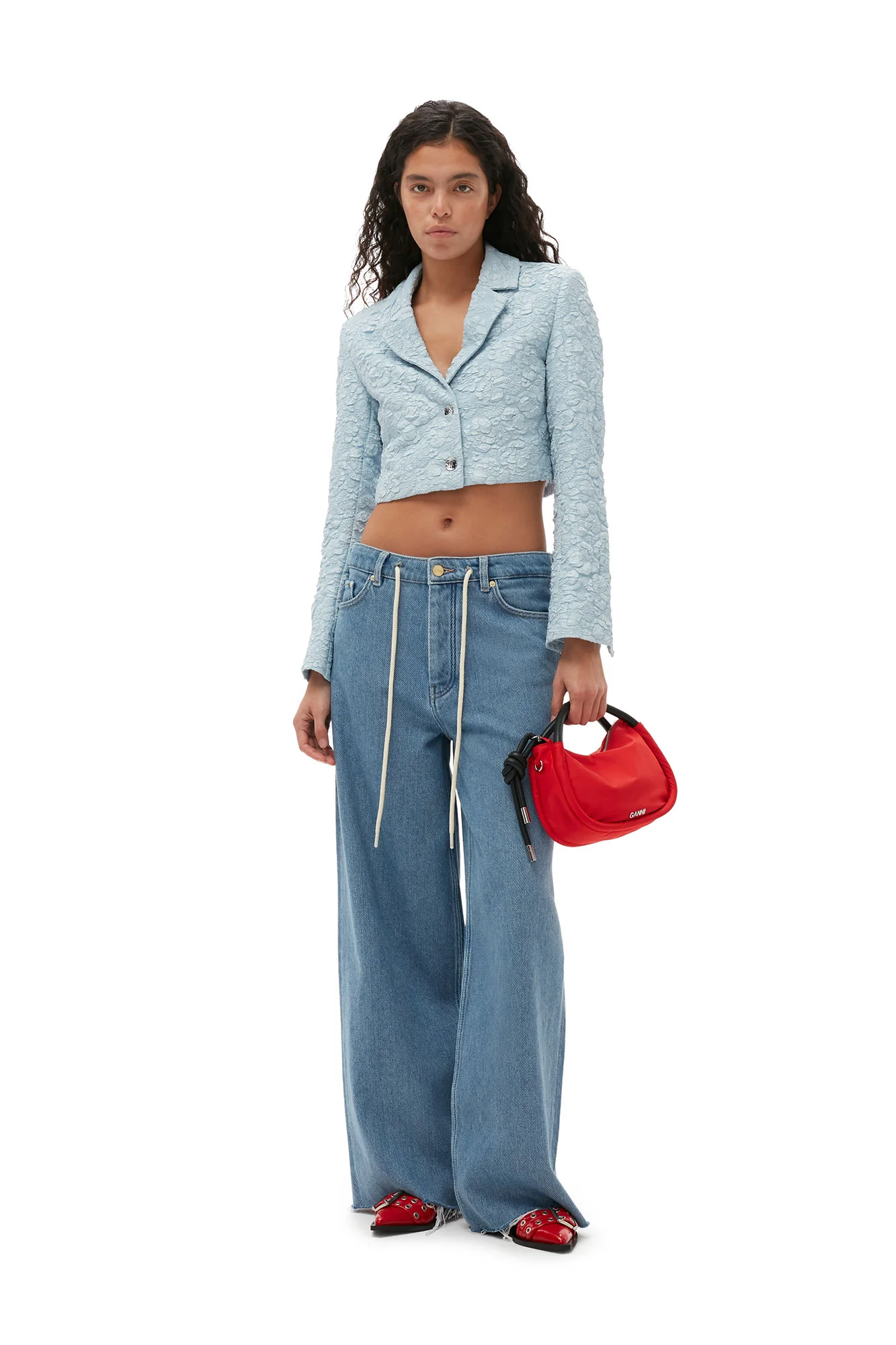 Stretch Jacquard Cropped Blazer | Sky Blue - Image 3