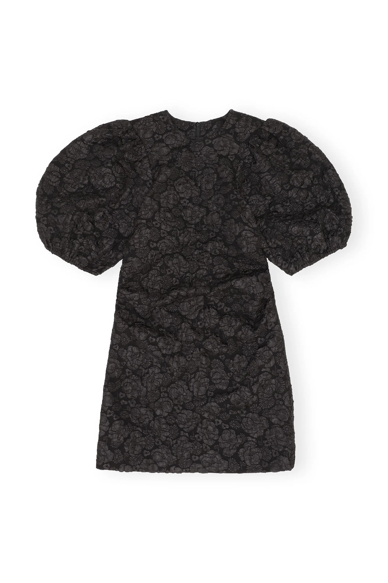 Stretch Jacquard Puff Sleeves Mini Dress | Black
