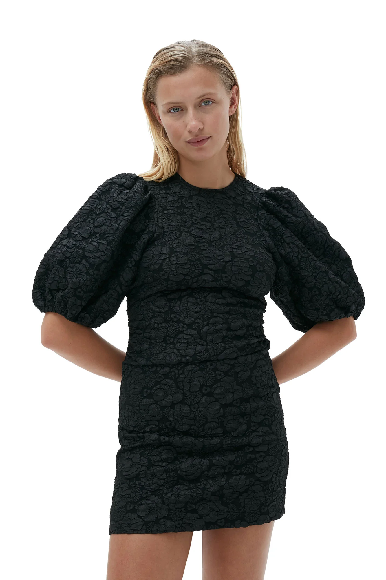 Stretch Jacquard Puff Sleeves Mini Dress | Black - Image 5