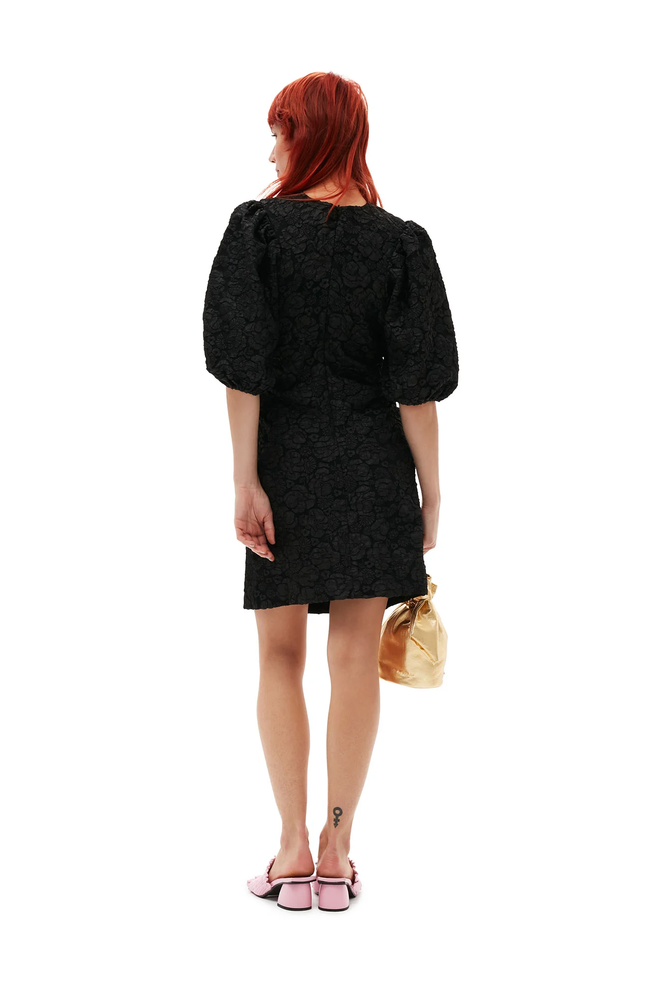 Stretch Jacquard Puff Sleeves Mini Dress | Black - Image 7