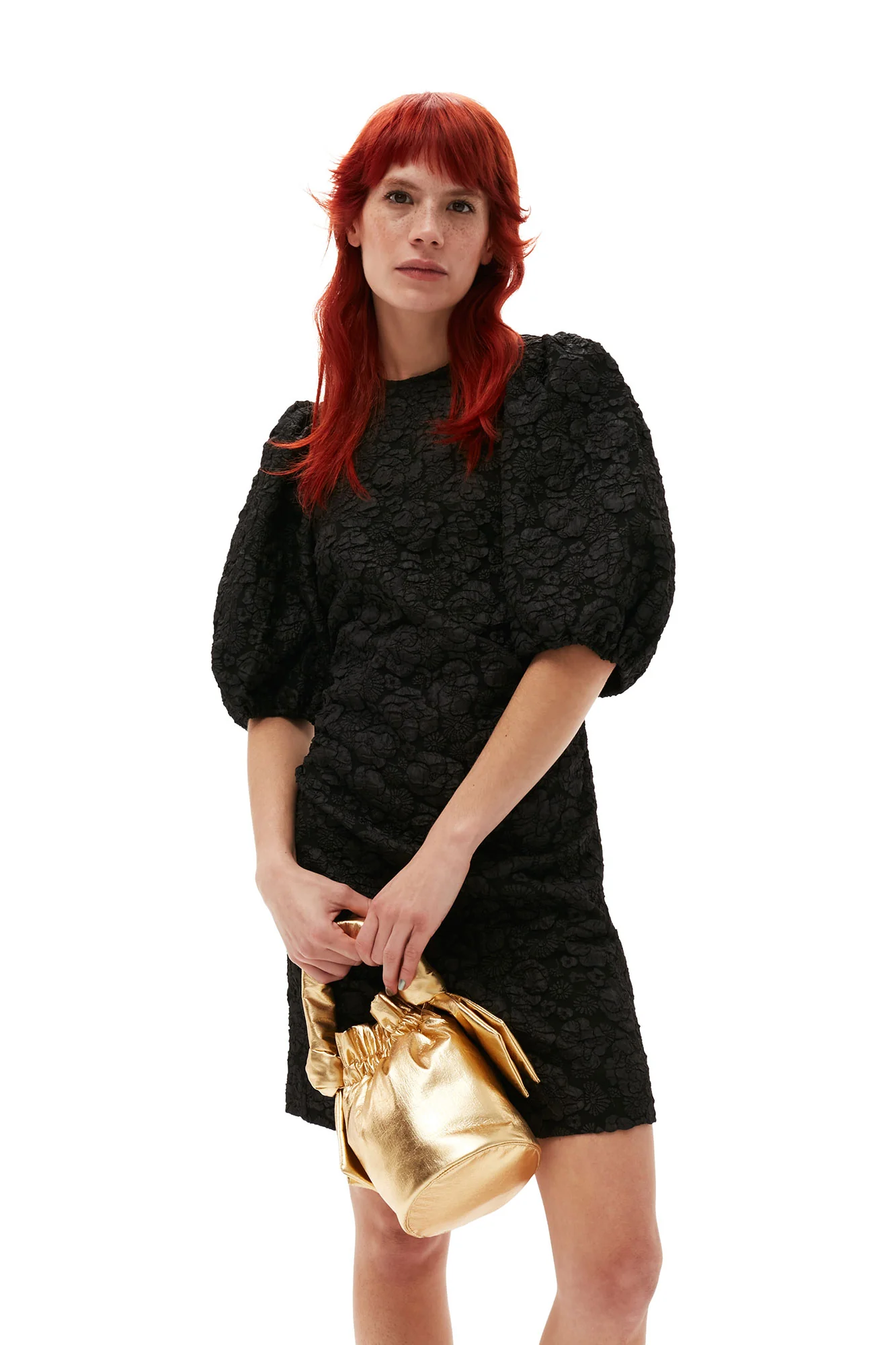 Stretch Jacquard Puff Sleeves Mini Dress | Black - Image 8