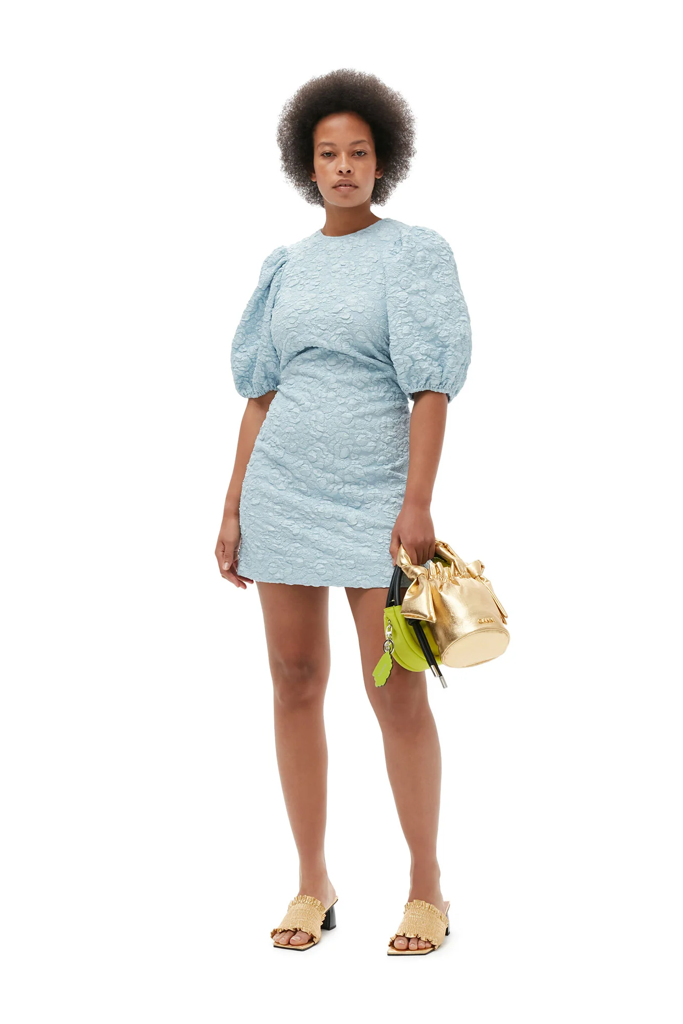Stretch Jacquard Puff Sleeves Mini Dress | Sky Blue - Image 6