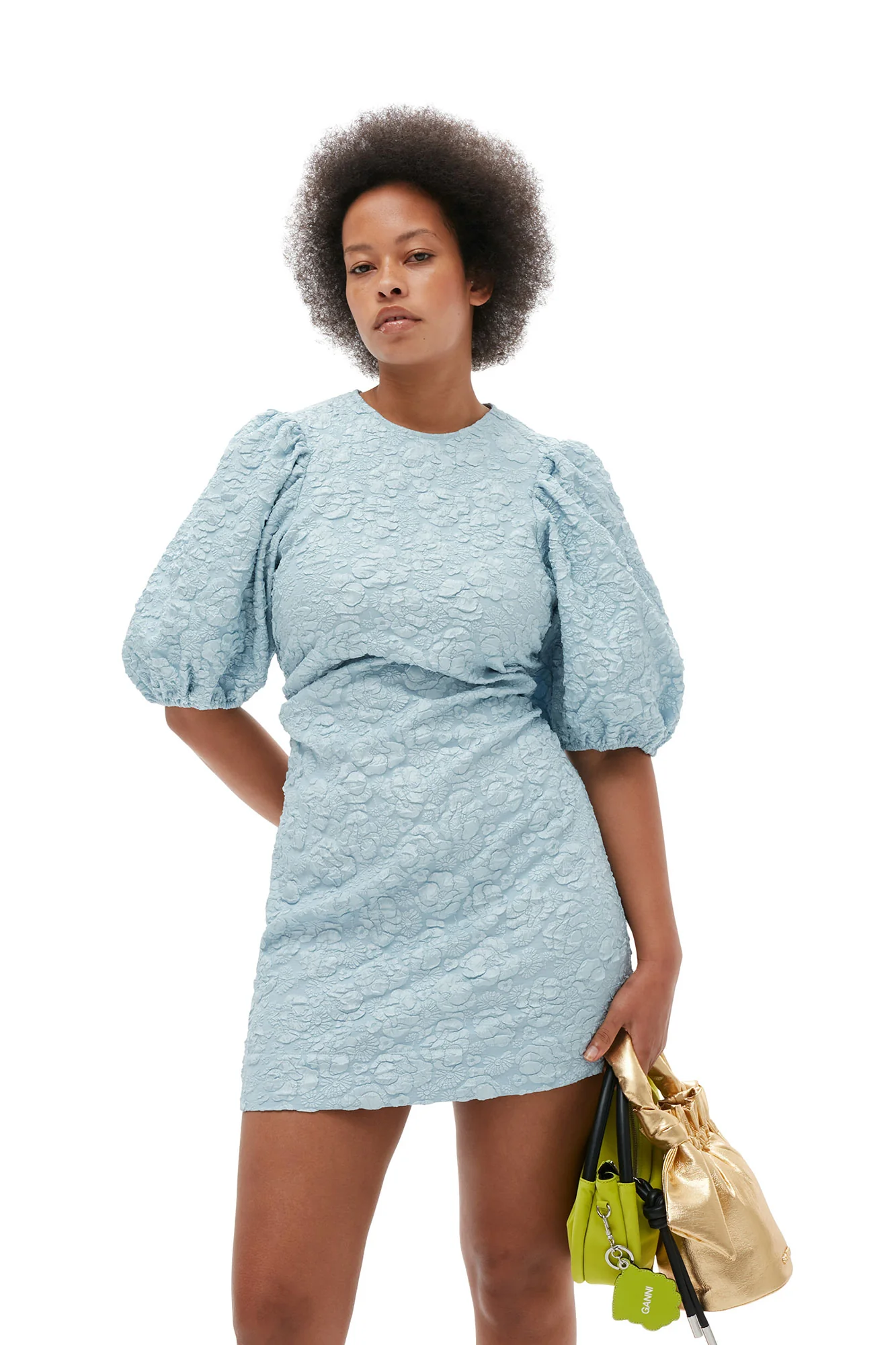 Stretch Jacquard Puff Sleeves Mini Dress | Sky Blue - Image 8