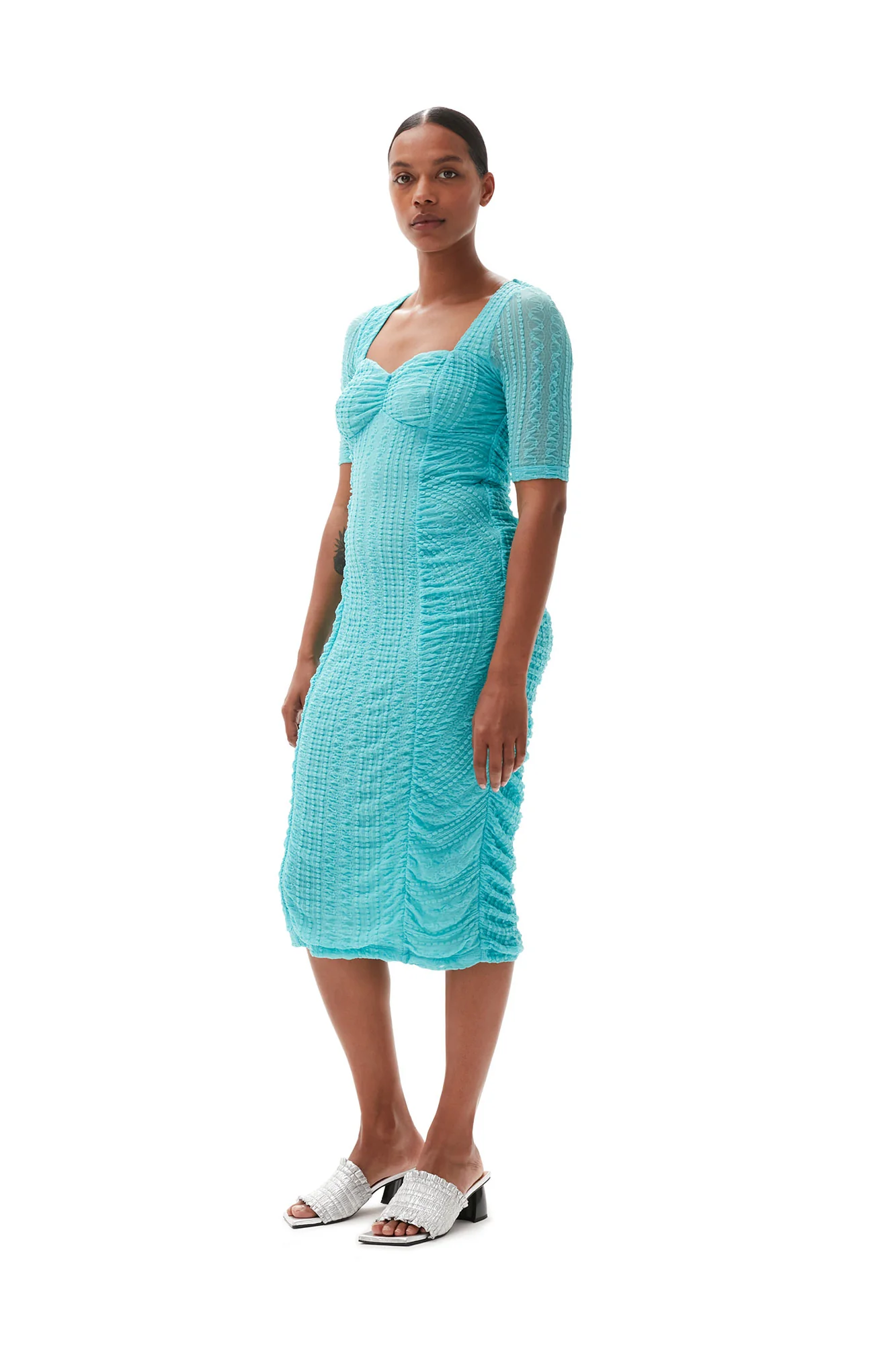 Stretch Lace Ruched Midi Dress | Blue Curacao - Image 3
