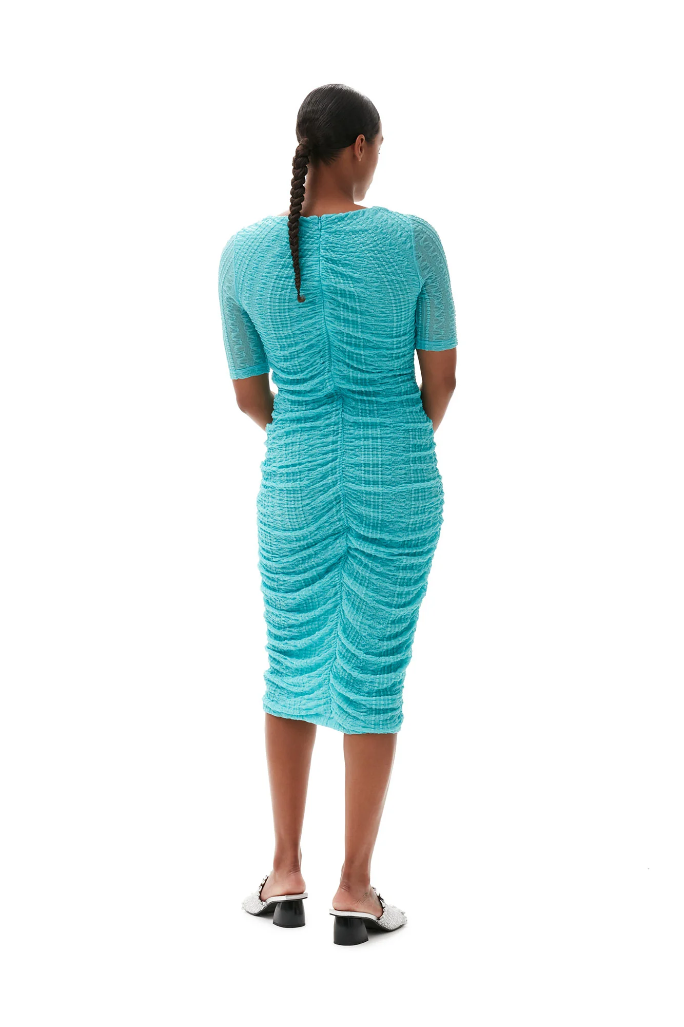 Stretch Lace Ruched Midi Dress | Blue Curacao - Image 4