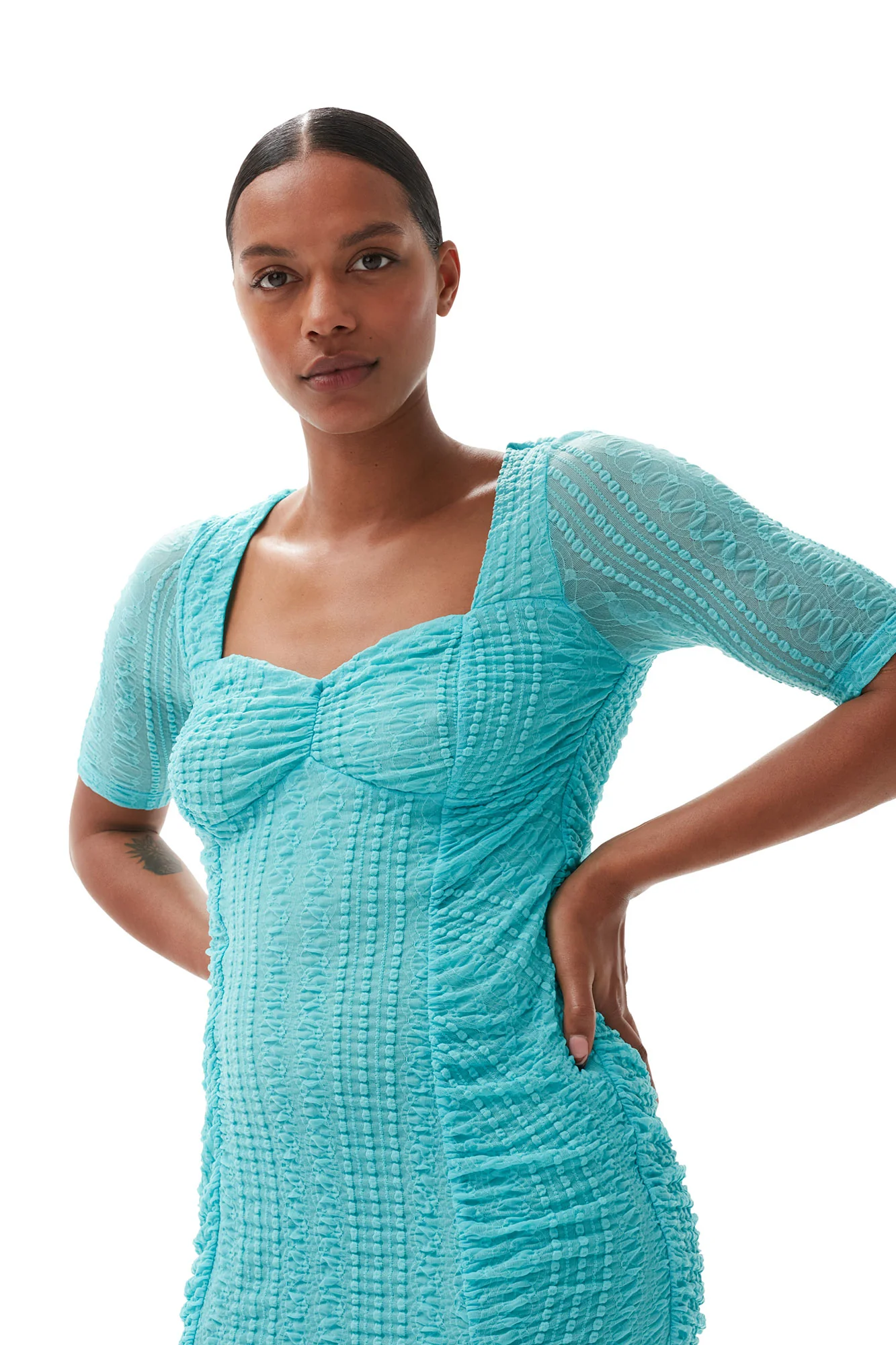Stretch Lace Ruched Midi Dress | Blue Curacao - Image 5