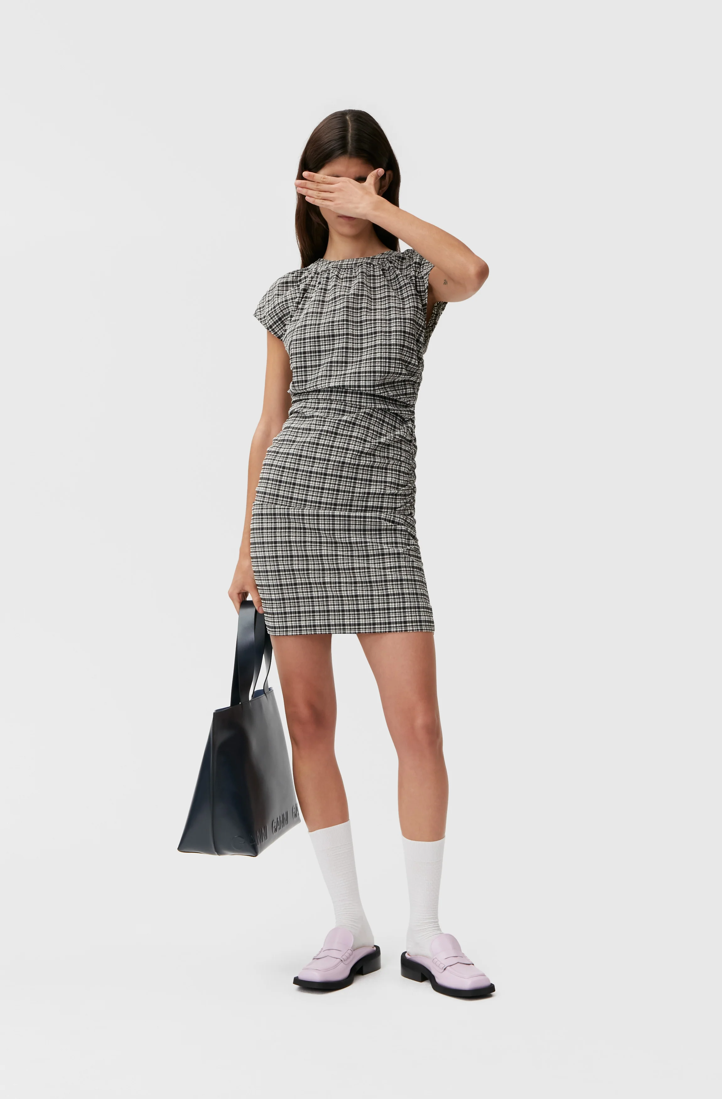 Stretch Seersucker Open Back Mini Dress | Mini Check Black - Image 3