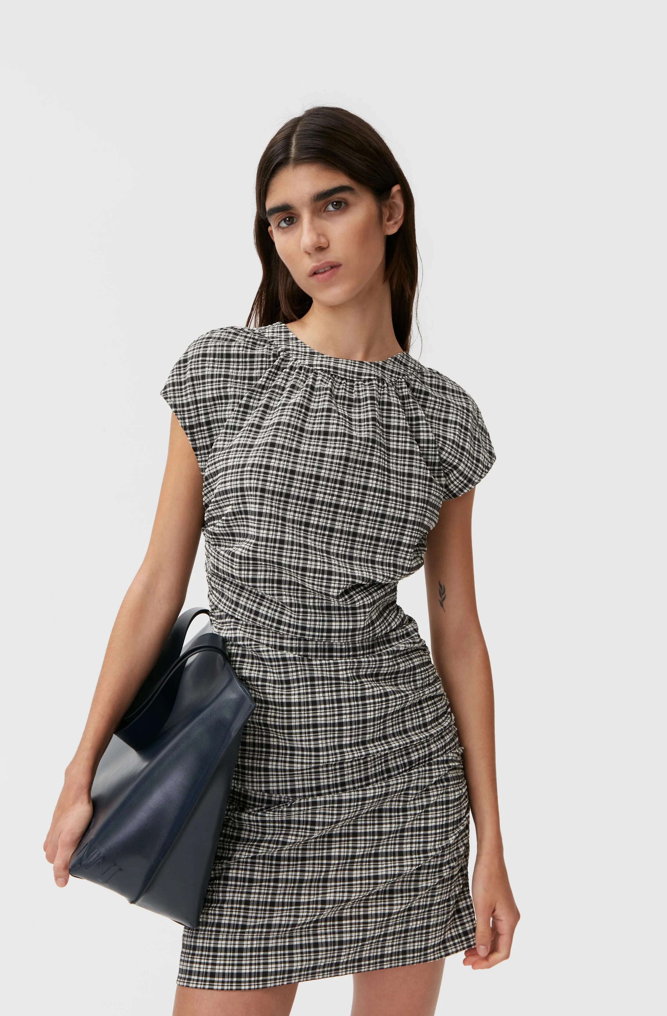 Stretch Seersucker Open Back Mini Dress | Mini Check Black - Image 5