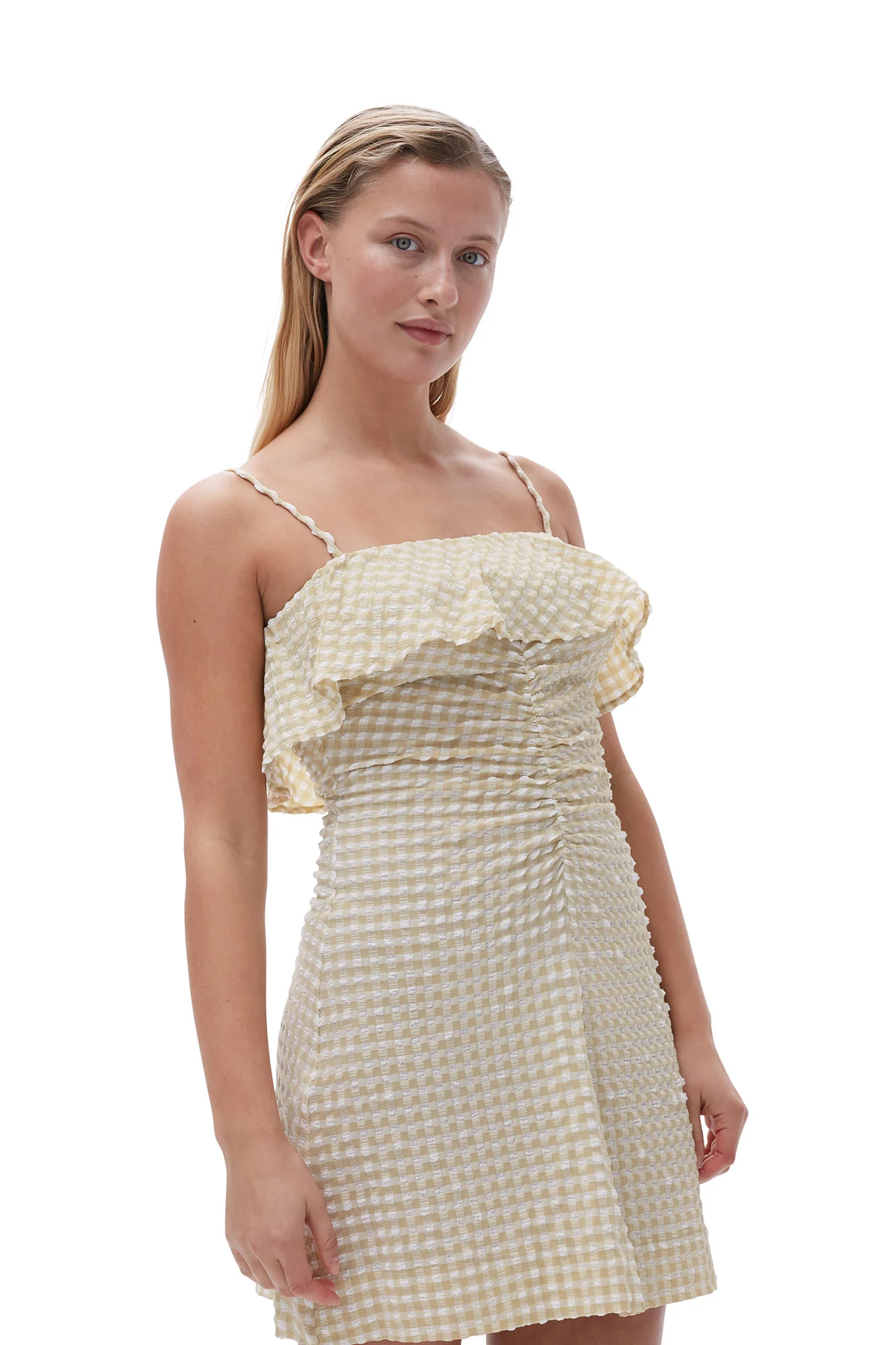 Stretch Seersucker Strap Mini Dress | Pale Khaki - Image 6