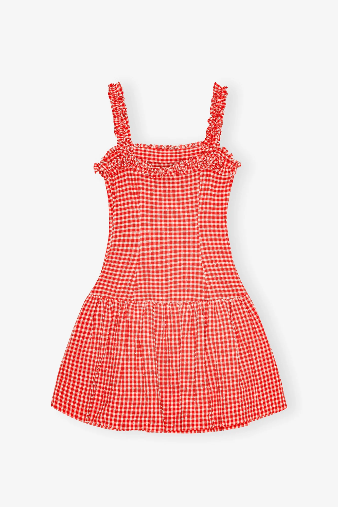 Stretch Seersucker Strap Ruffle Mini Dress | Racing Red - Image 2