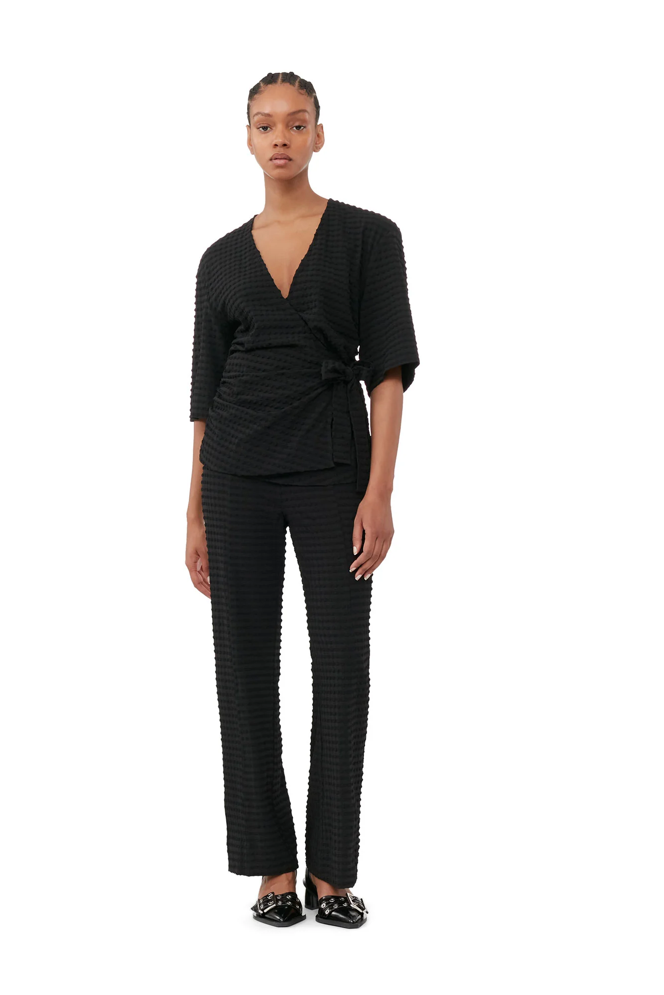Stretch Seersucker Wrap Blouse | Black - Image 3