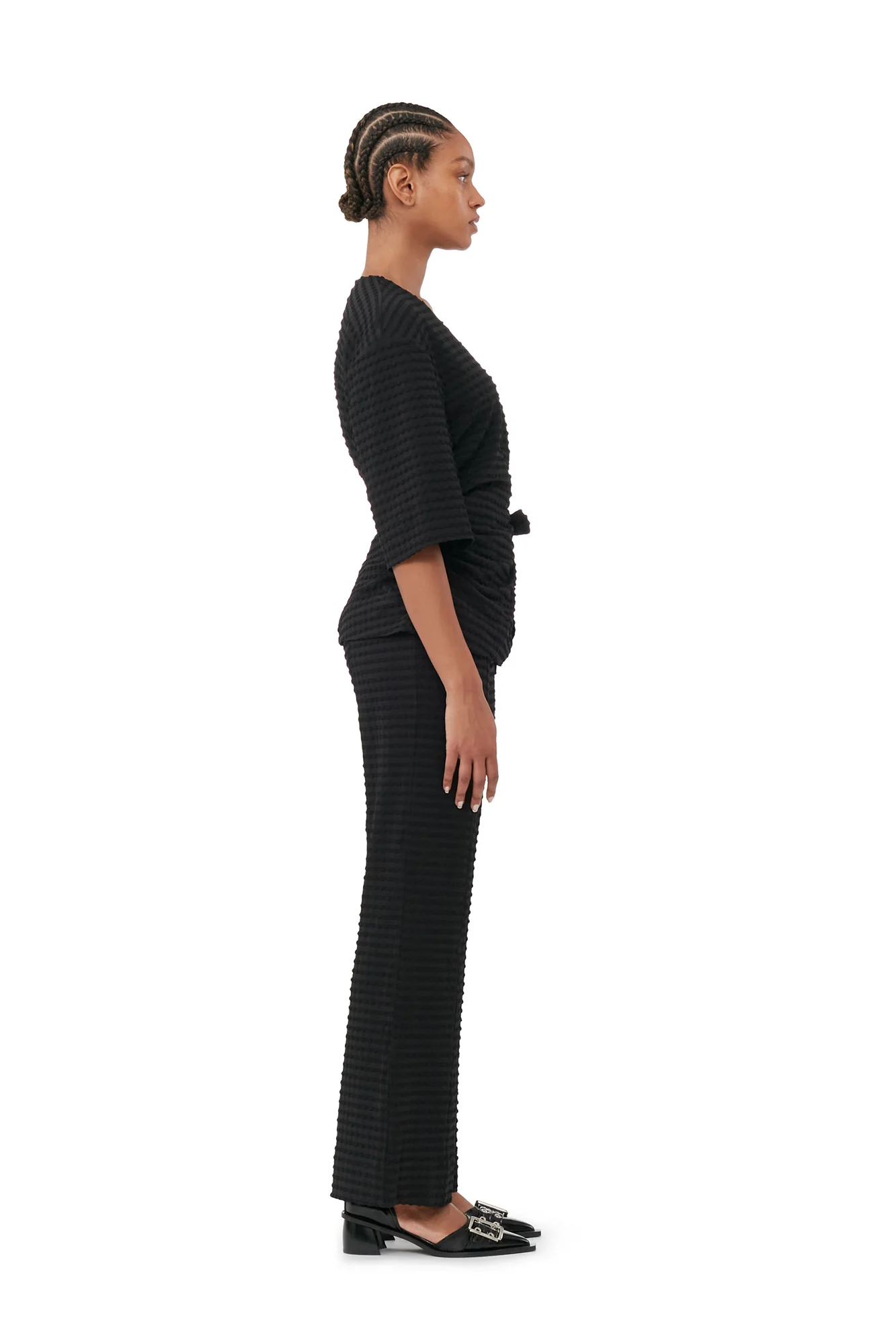 Stretch Seersucker Wrap Blouse | Black - Image 4