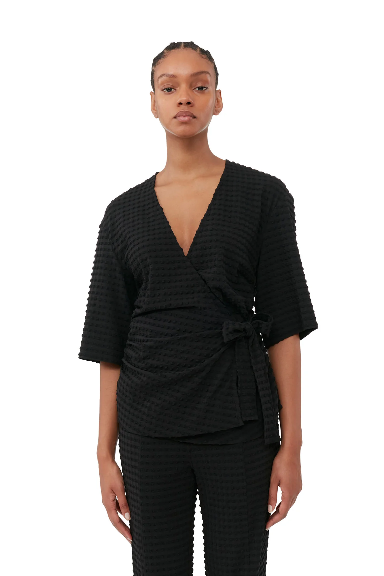 Stretch Seersucker Wrap Blouse | Black - Image 5