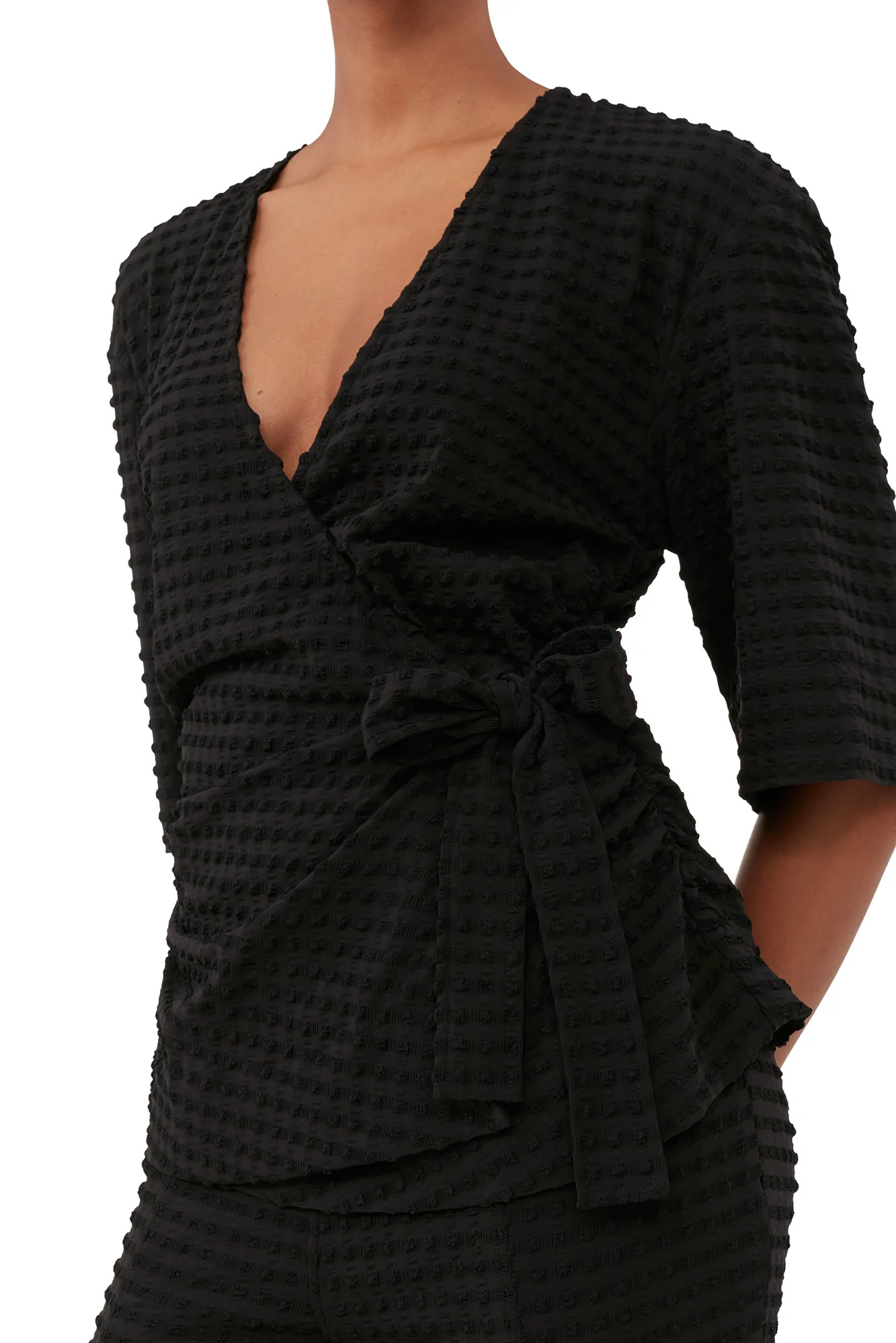 Stretch Seersucker Wrap Blouse | Black - Image 6
