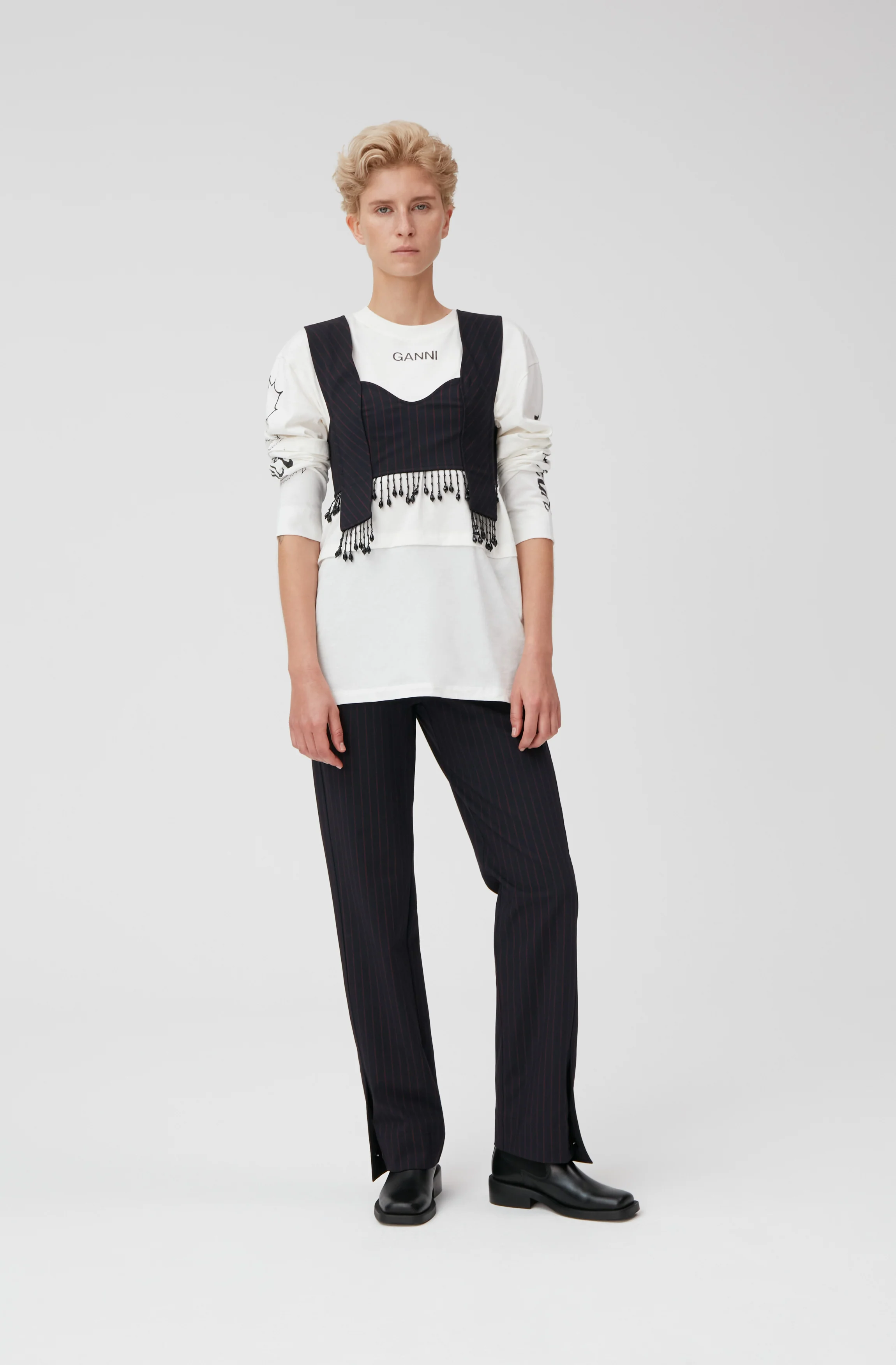 Stretch Stripe Beaded Fringes Panel Strap Top | Sky Captain - Image 3