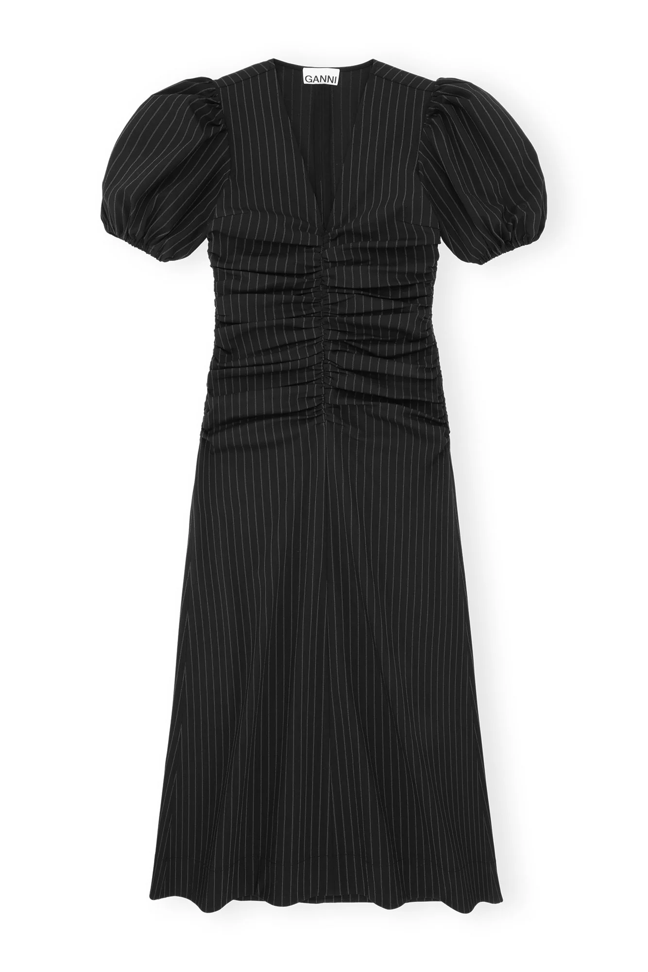 Stretch Stripe Gathered Long Dress | Black