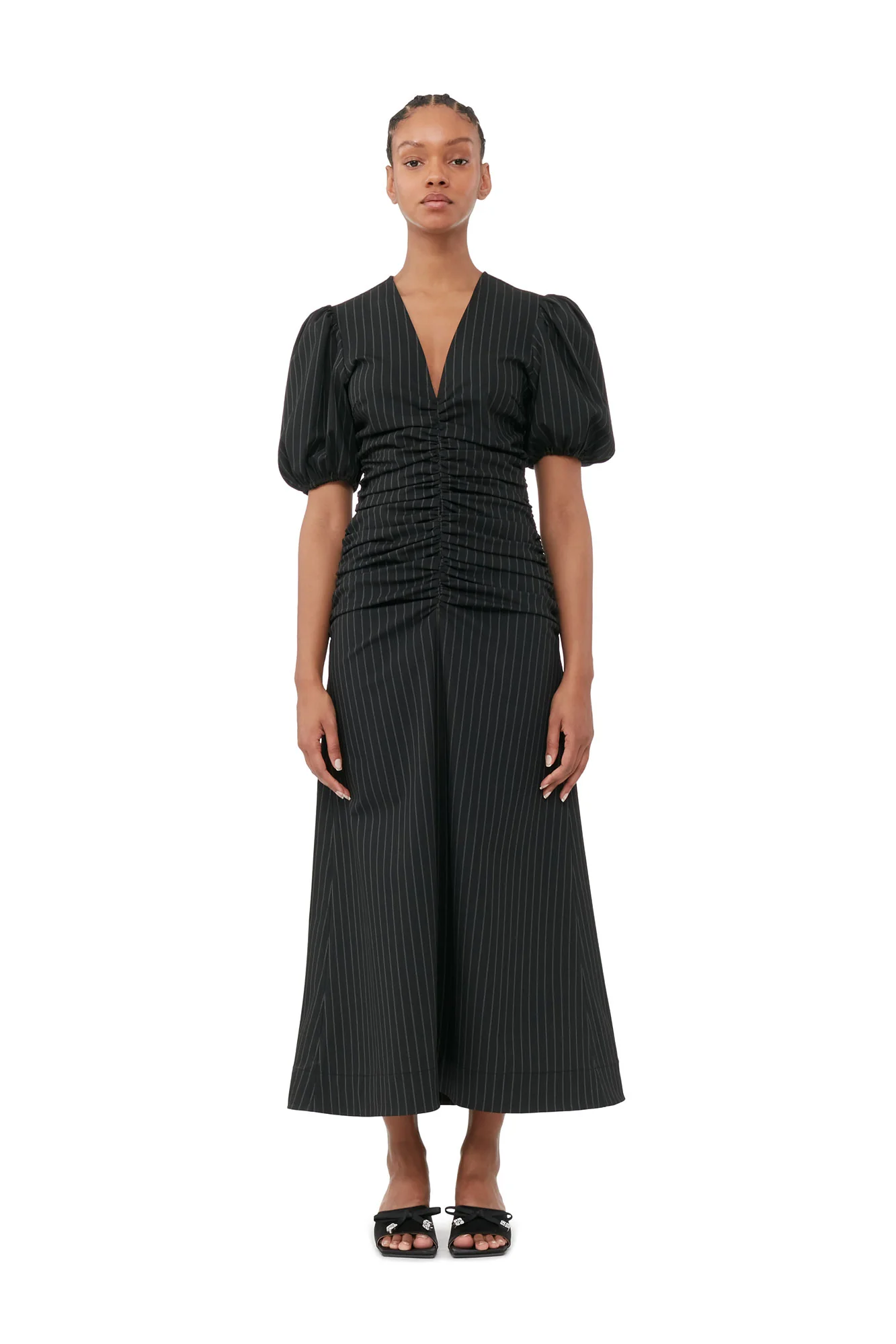Stretch Stripe Gathered Long Dress | Black - Image 3