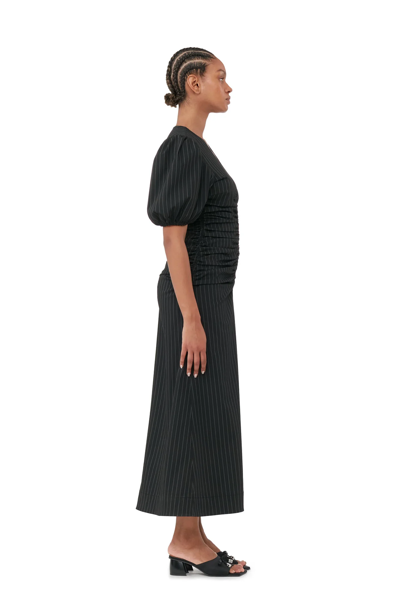 Stretch Stripe Gathered Long Dress | Black - Image 4
