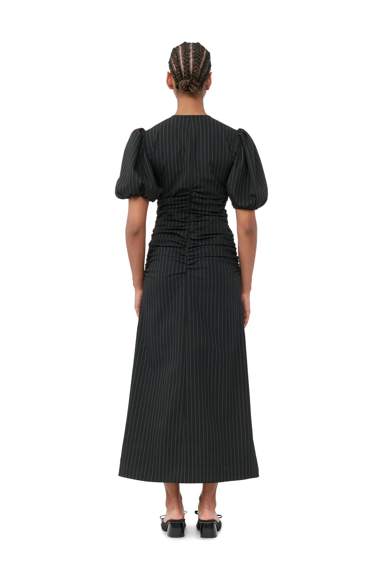 Stretch Stripe Gathered Long Dress | Black - Image 5