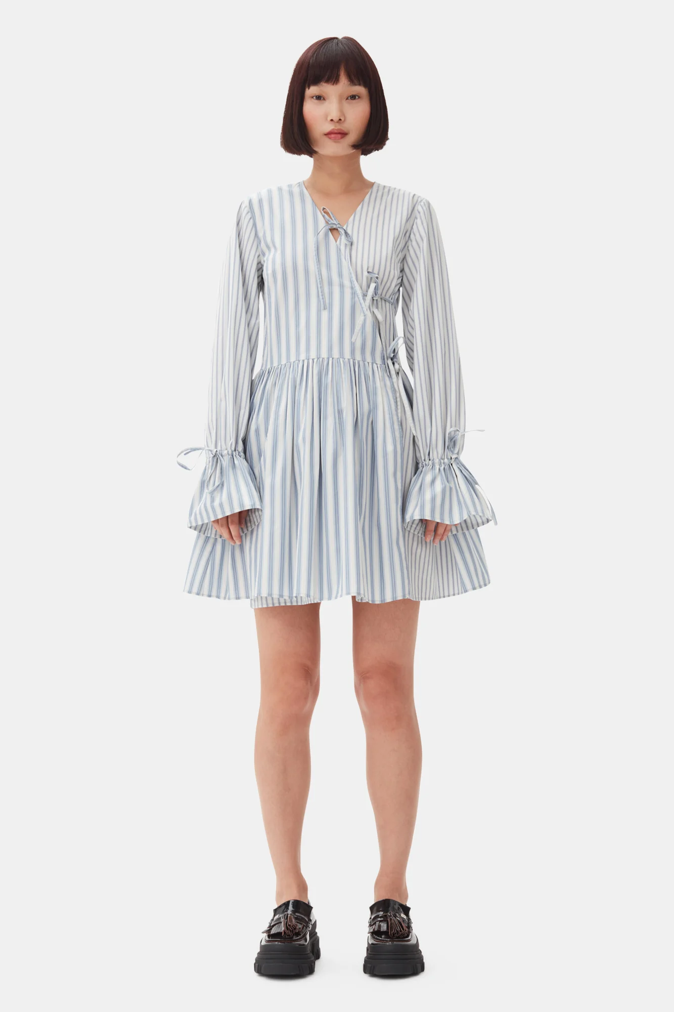 Stripe Cotton Mini Wrap Dress | Egret - Image 3
