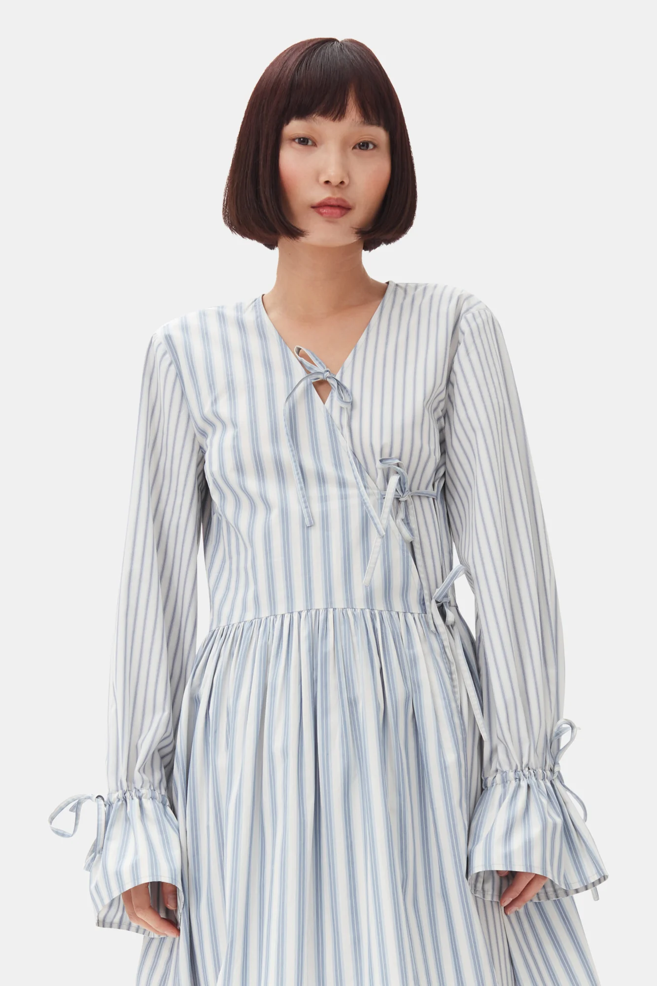 Stripe Cotton Mini Wrap Dress | Egret - Image 4
