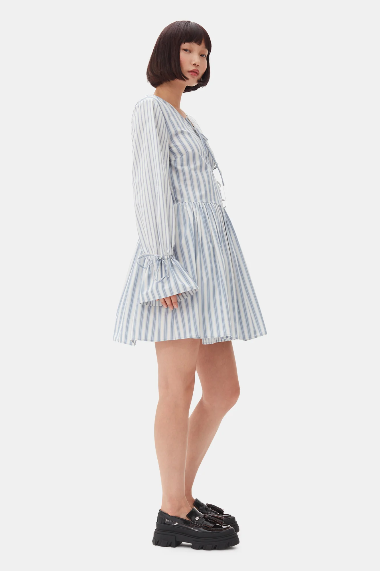 Stripe Cotton Mini Wrap Dress | Egret - Image 5