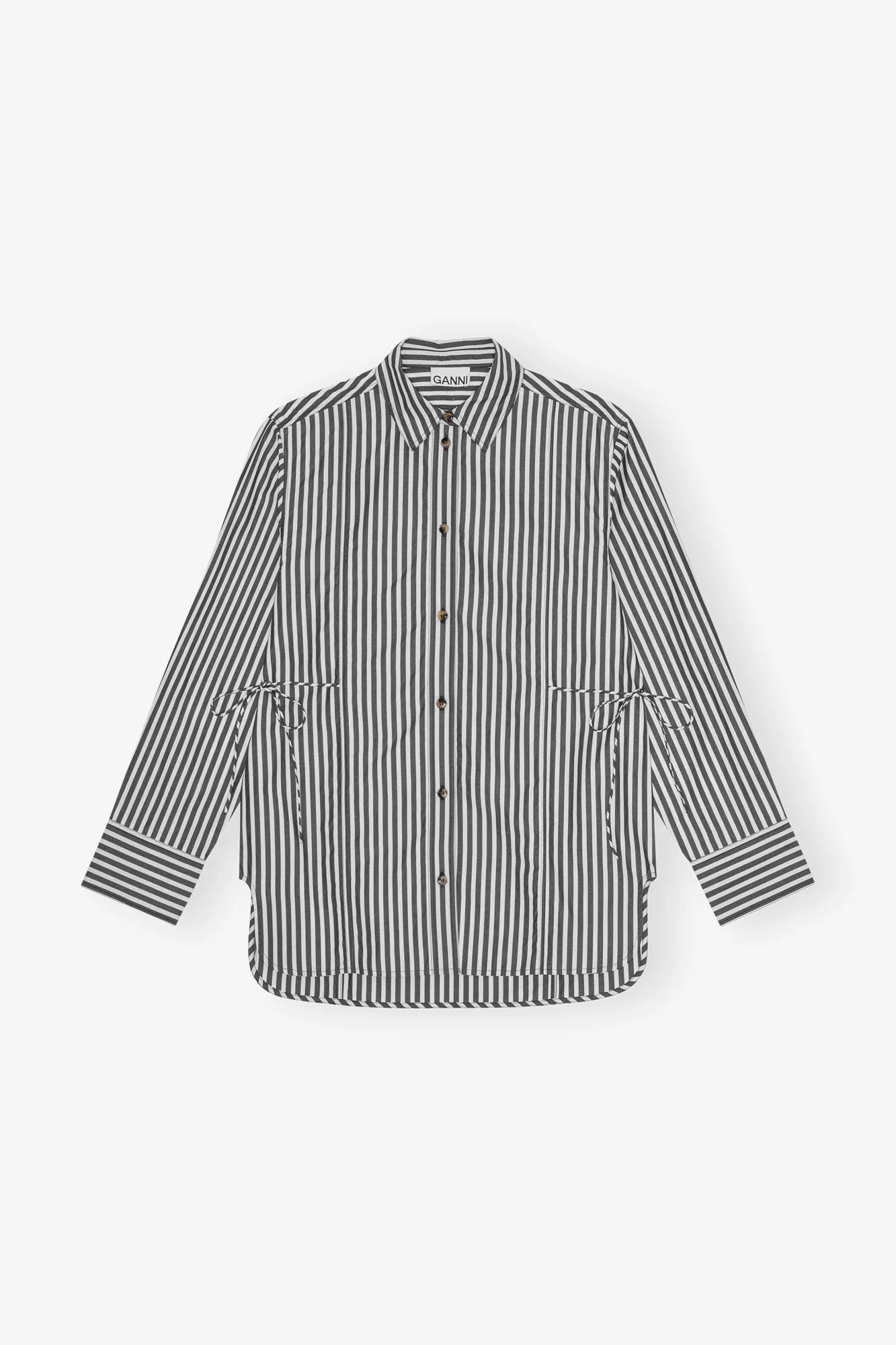 Stripe Cotton Oversized Tie String Shirt | Black