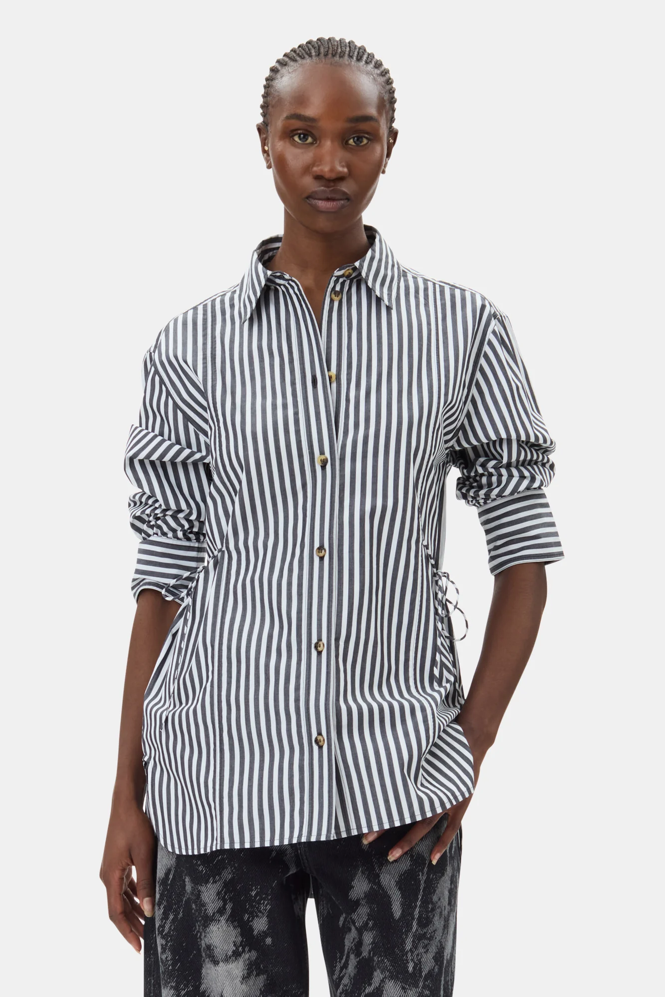 Stripe Cotton Oversized Tie String Shirt | Black - Image 3