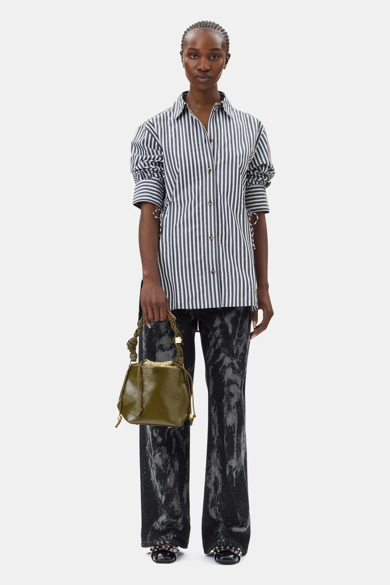 Stripe Cotton Oversized Tie String Shirt | Black - Image 4