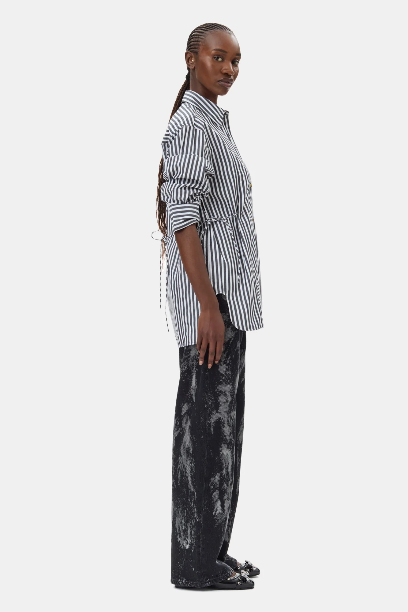 Stripe Cotton Oversized Tie String Shirt | Black - Image 5