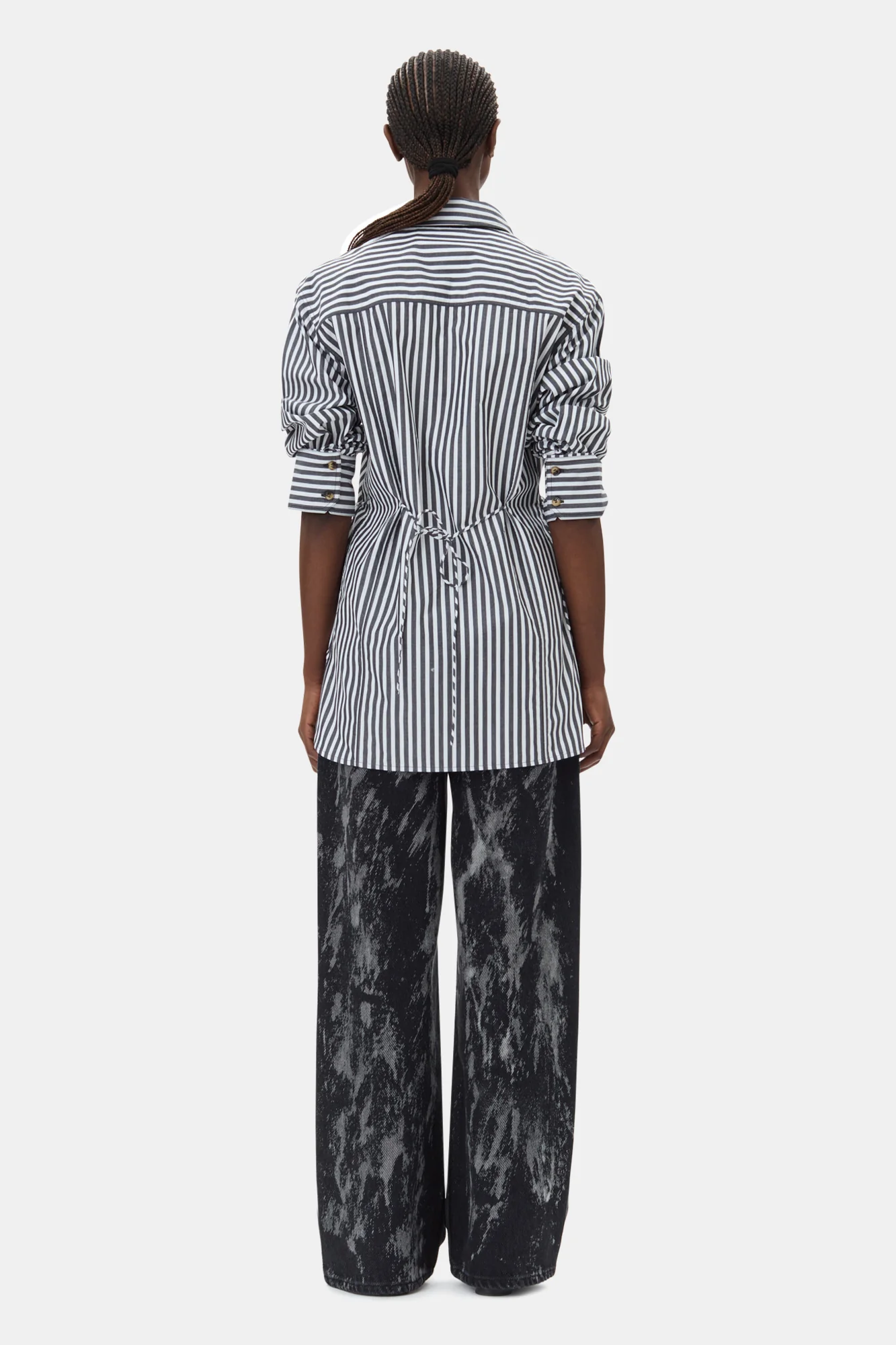 Stripe Cotton Oversized Tie String Shirt | Black - Image 6