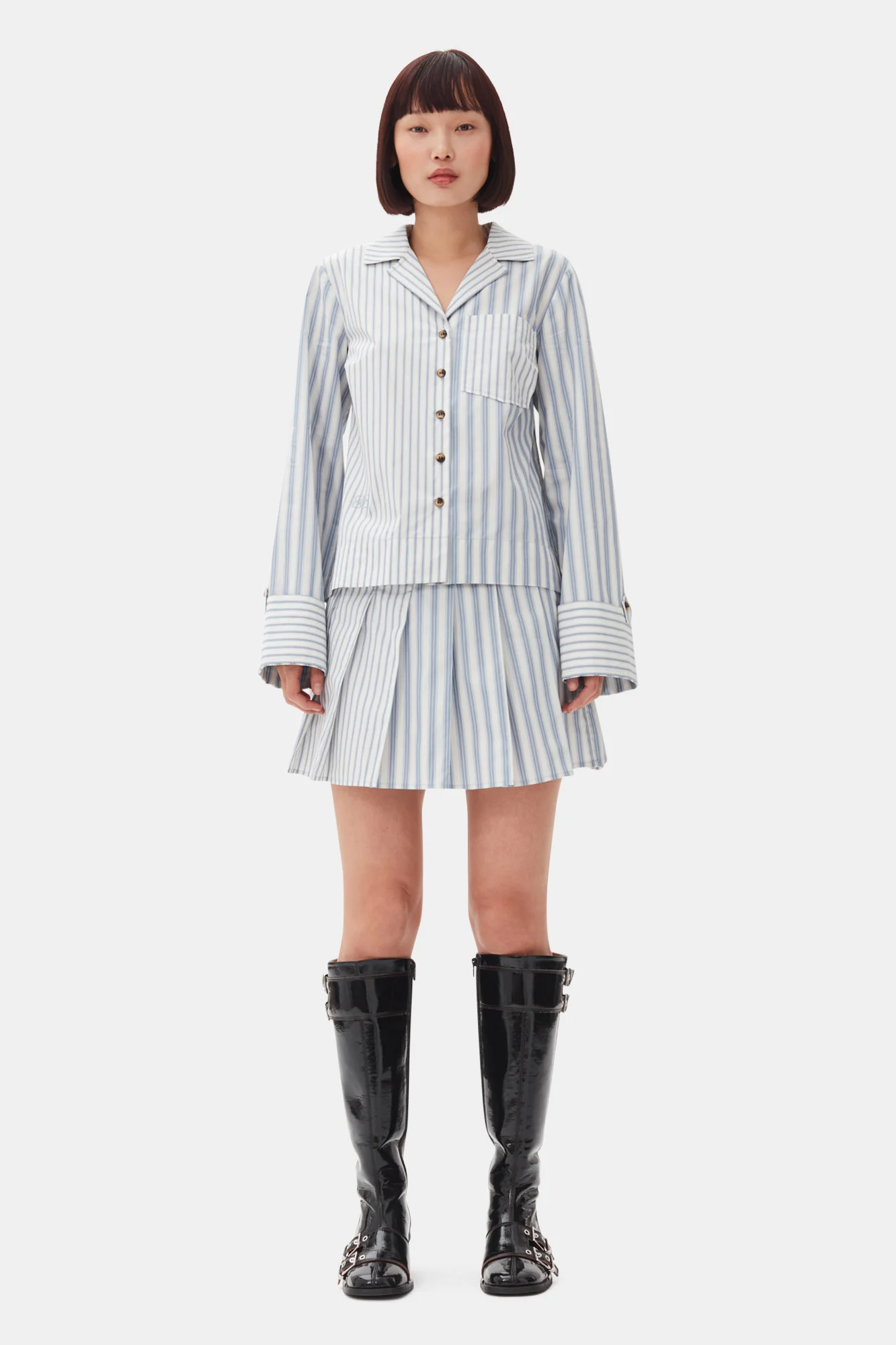 Stripe Cotton Pleated Mini Skirt | Egret - Image 3