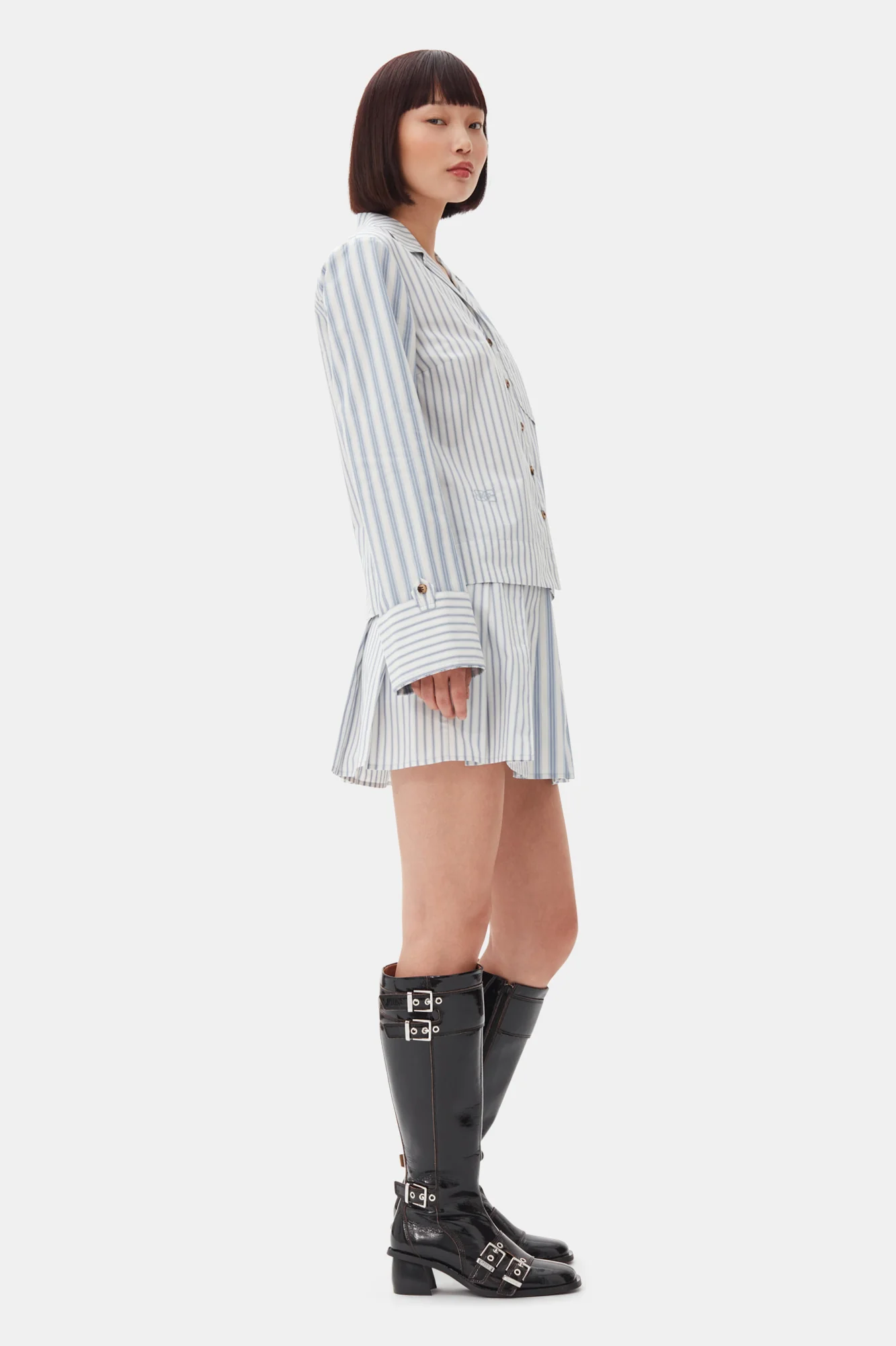 Stripe Cotton Pleated Mini Skirt | Egret - Image 4