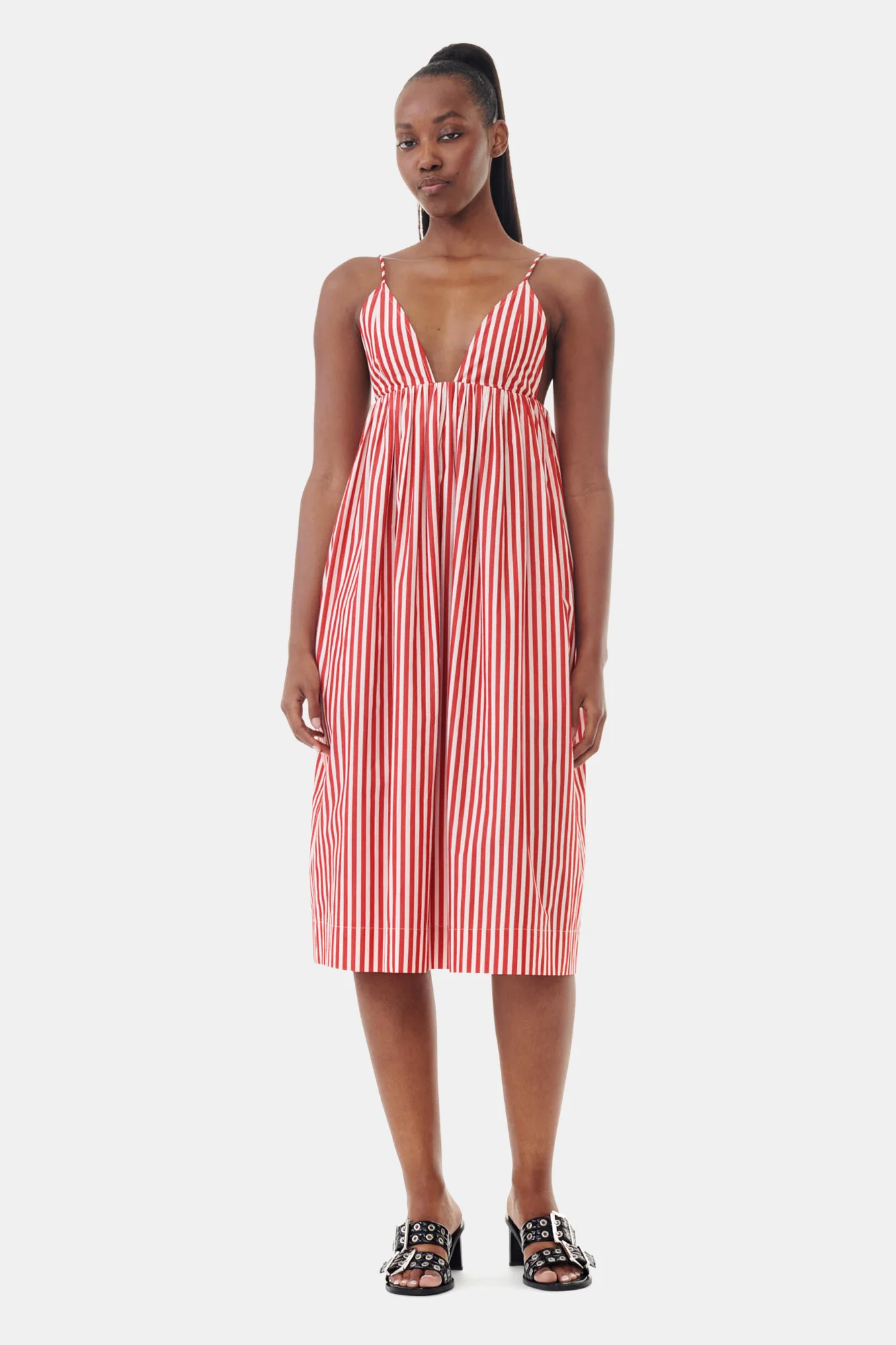 Stripe Cotton Strap Midi Dress | Barbados Cherry - Image 3