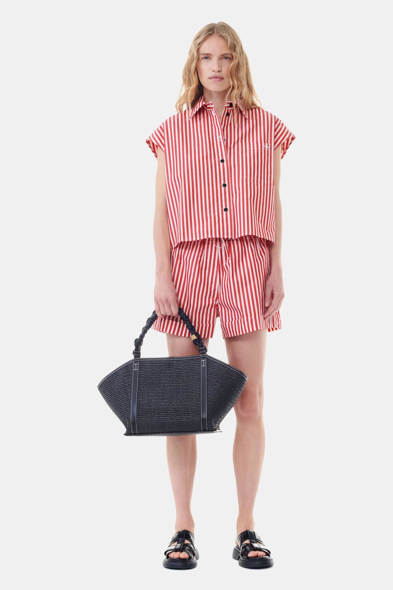 Stripe Cotton Tie Collar Shirt | Barbados Cherry - Image 3