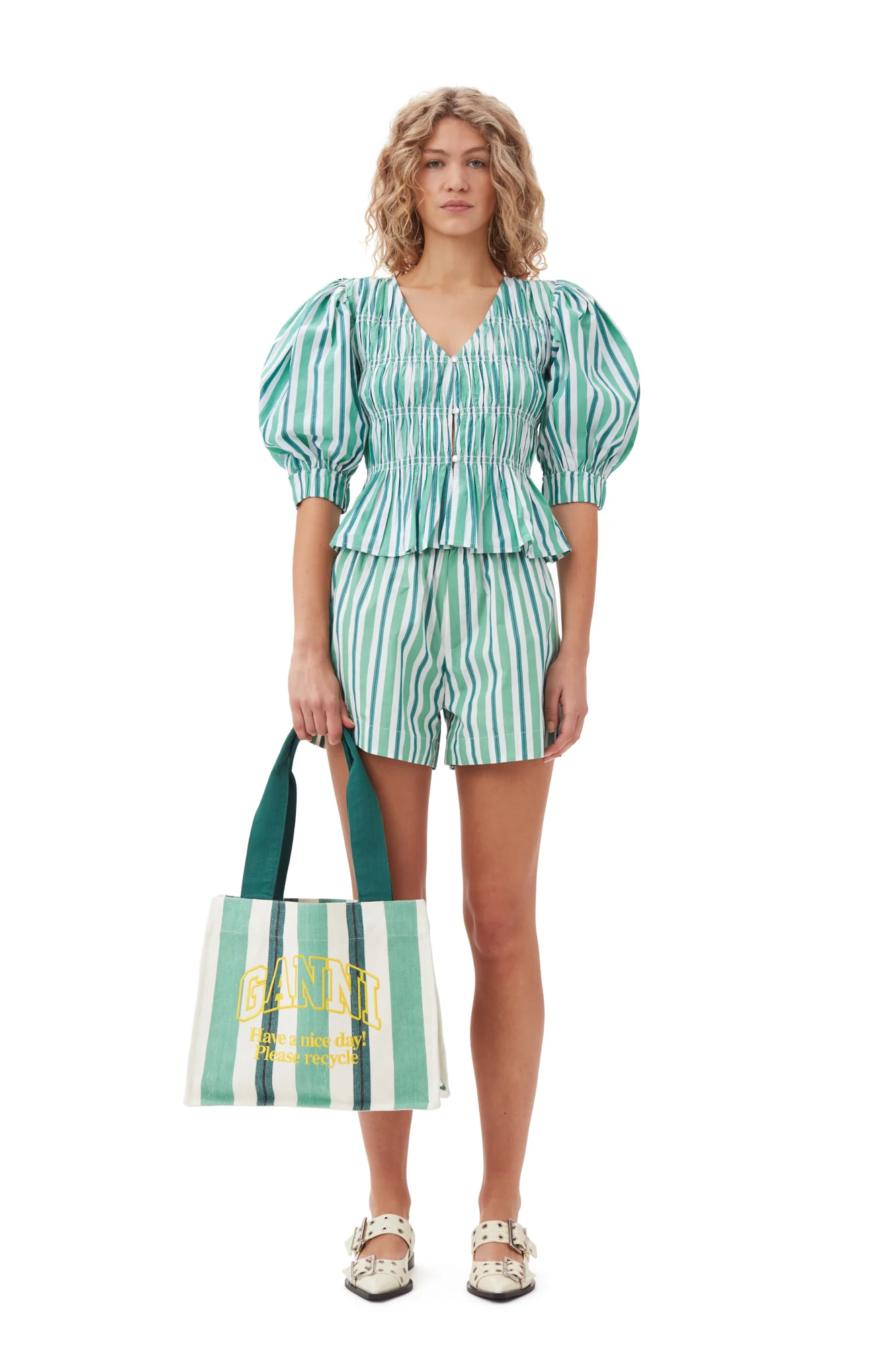 Striped Cotton Elasticated Shorts | Creme de Menthe - Image 3