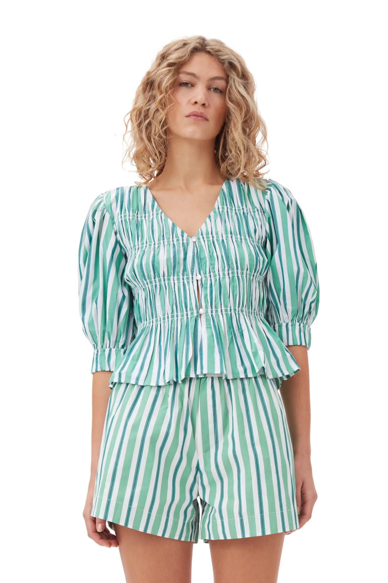 Striped Cotton Elasticated Shorts | Creme de Menthe - Image 4