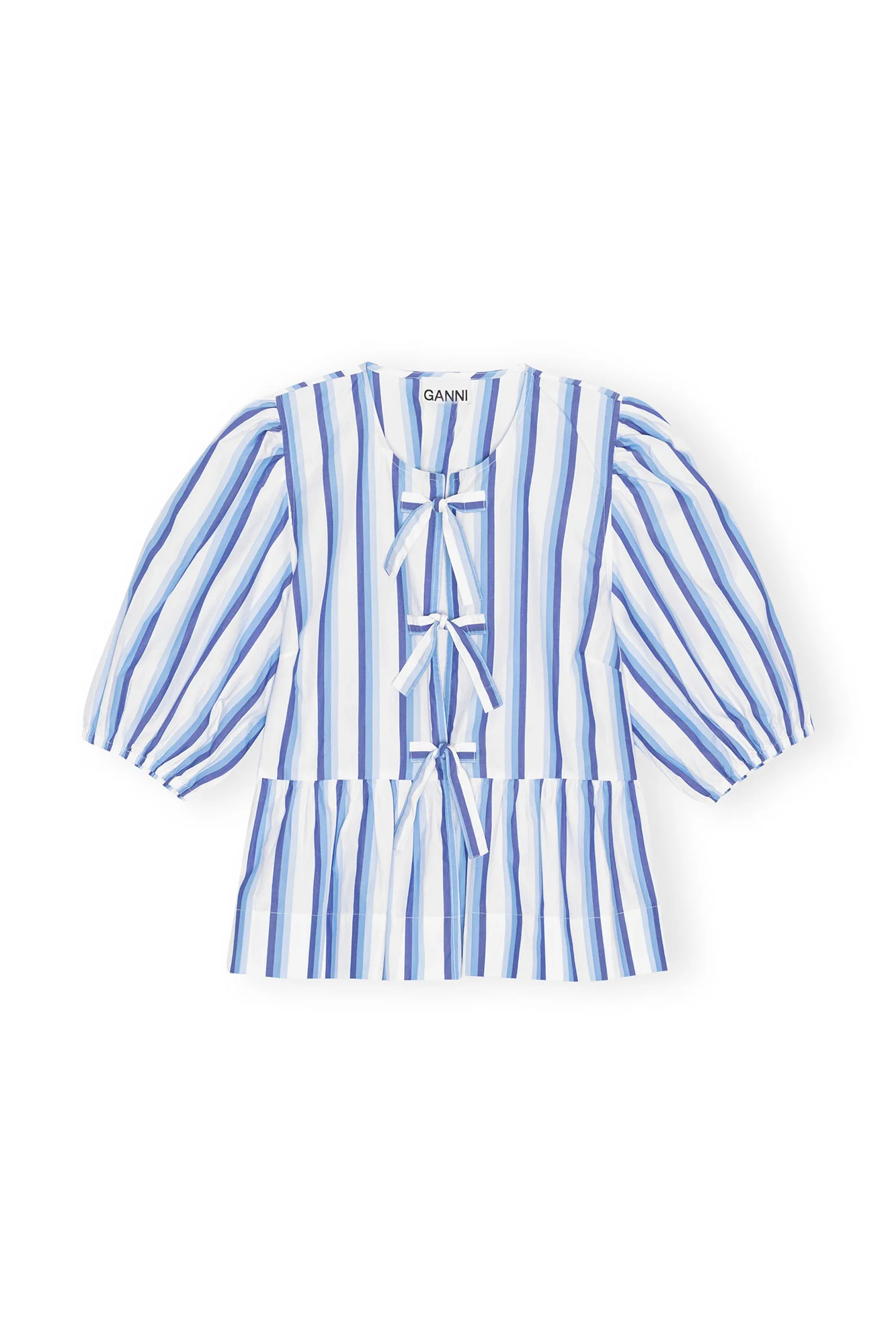 Striped Cotton Poplin Peplum Tie Blouse | Silver Lake Blue