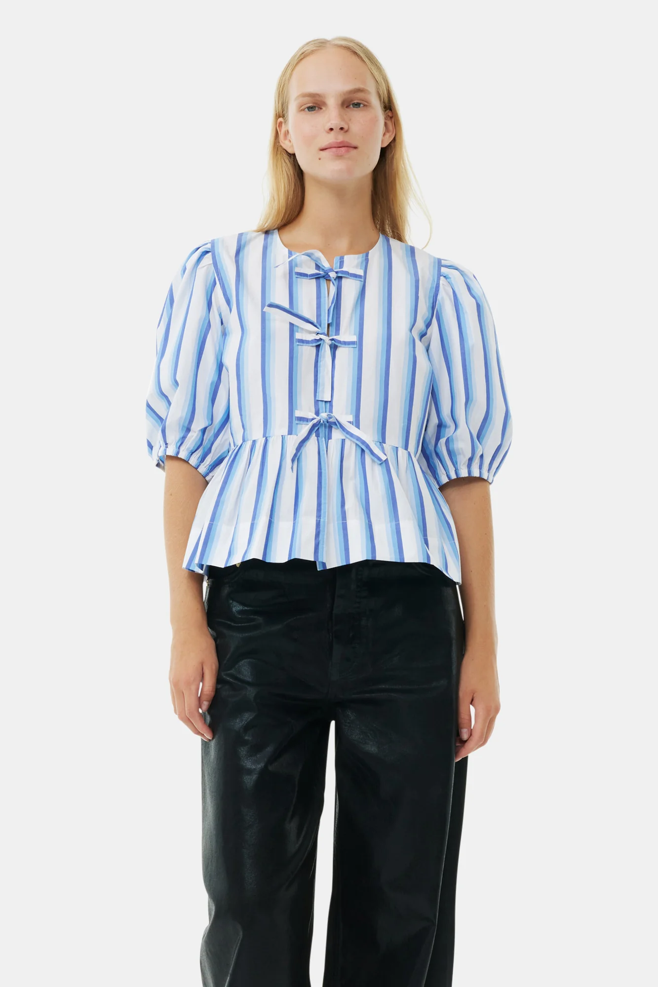 Striped Cotton Poplin Peplum Tie Blouse | Silver Lake Blue - Image 3