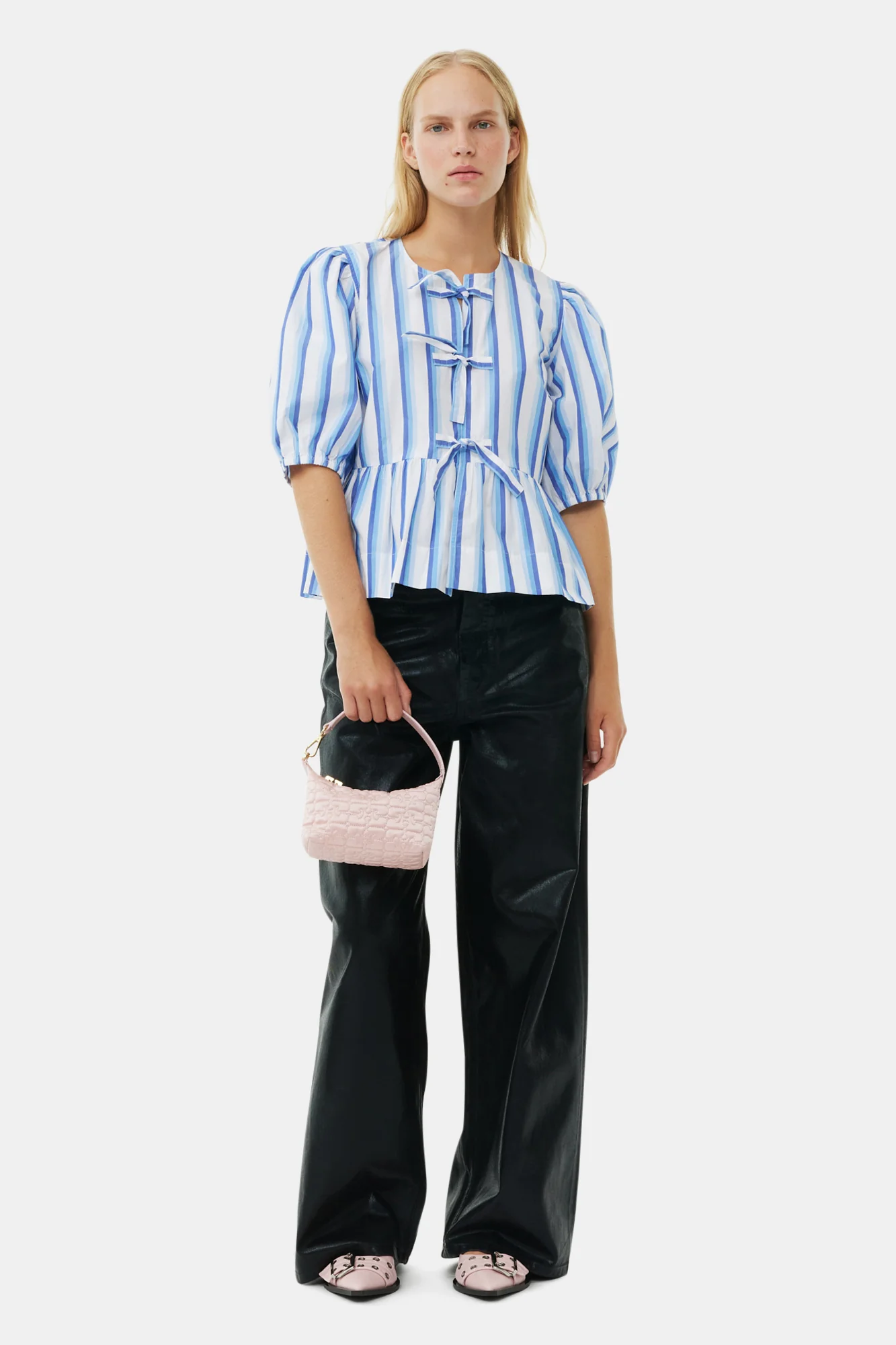 Striped Cotton Poplin Peplum Tie Blouse | Silver Lake Blue - Image 4